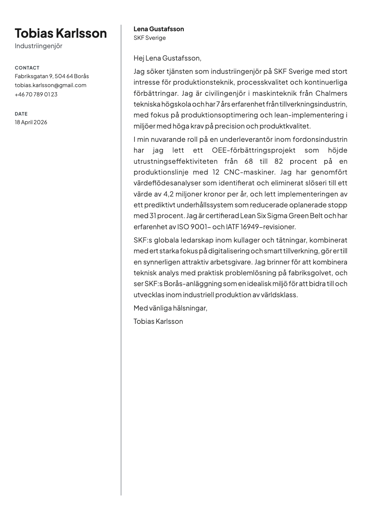 Industriingenjör cover letter example