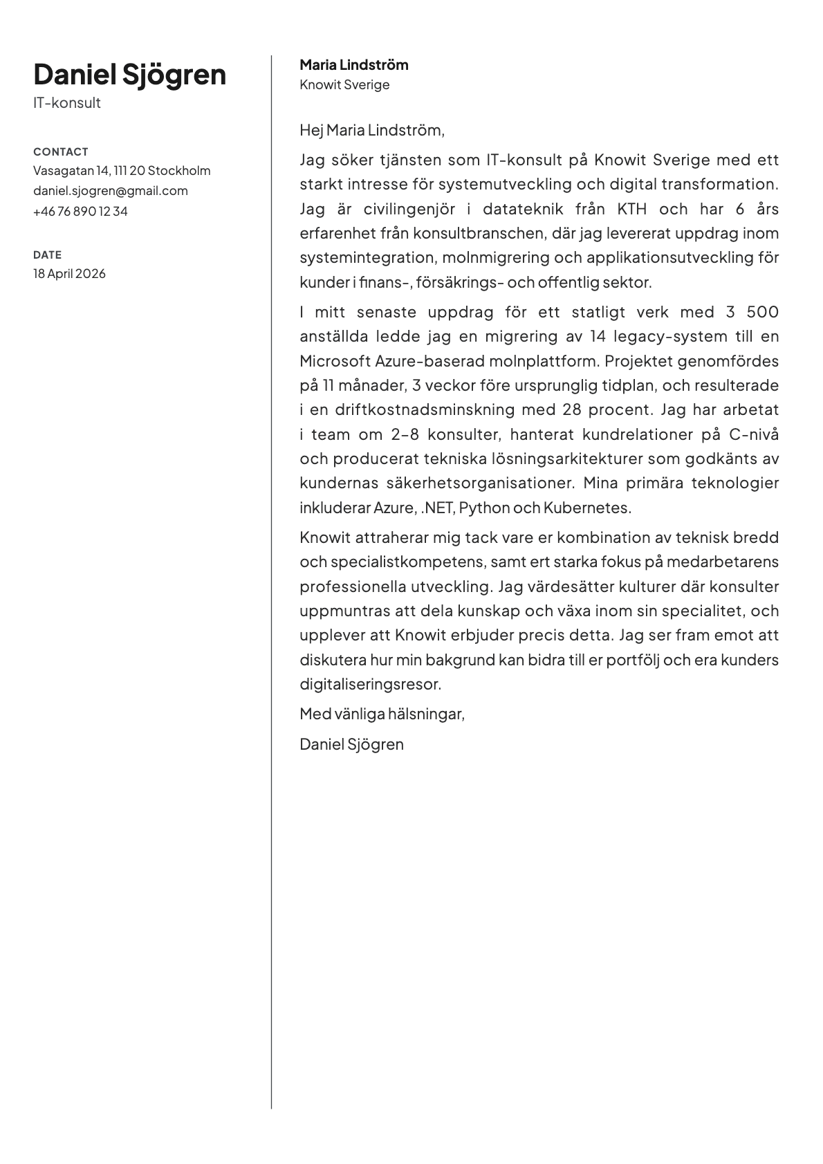 IT-konsult cover letter example