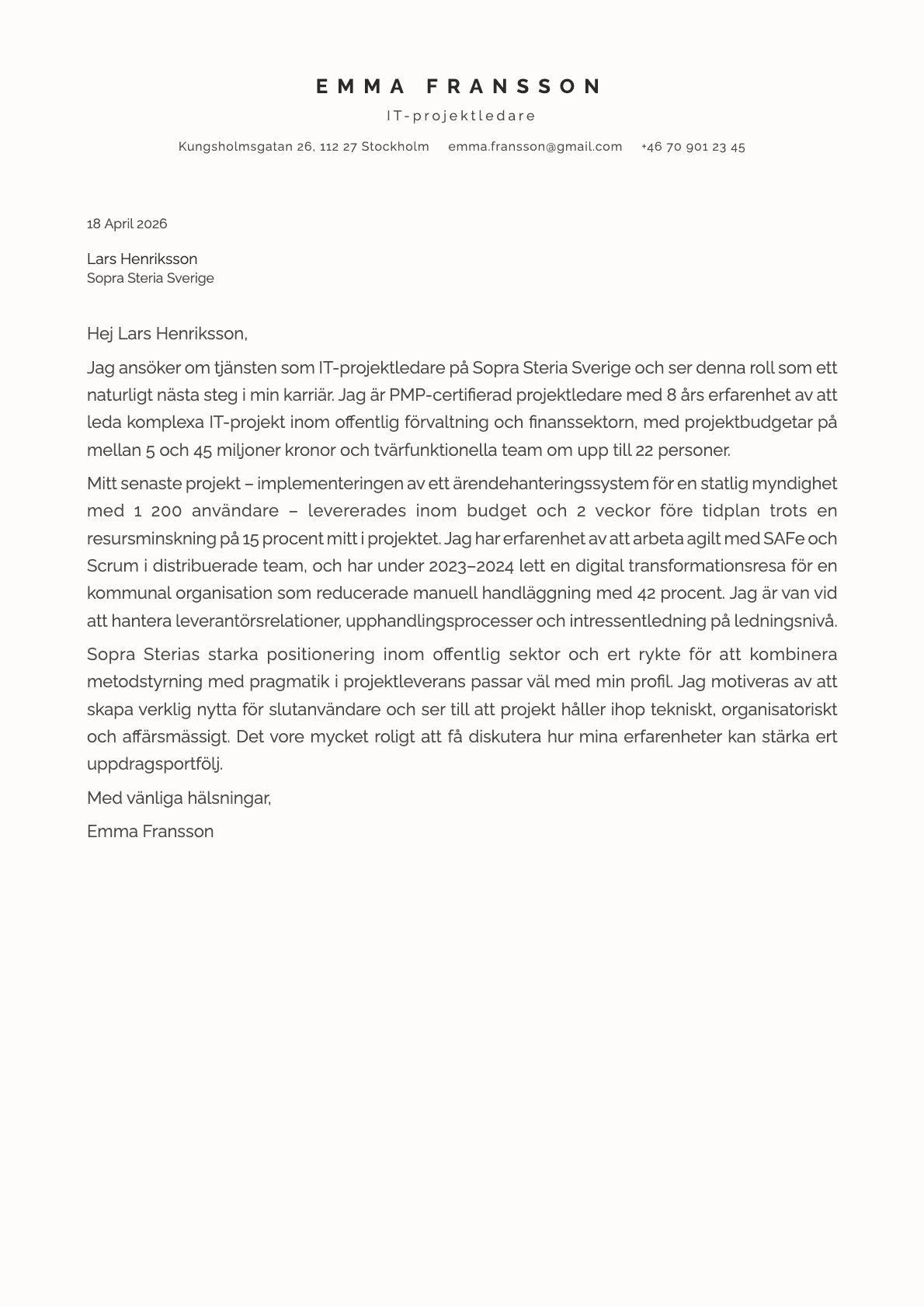 IT-projektledare cover letter example