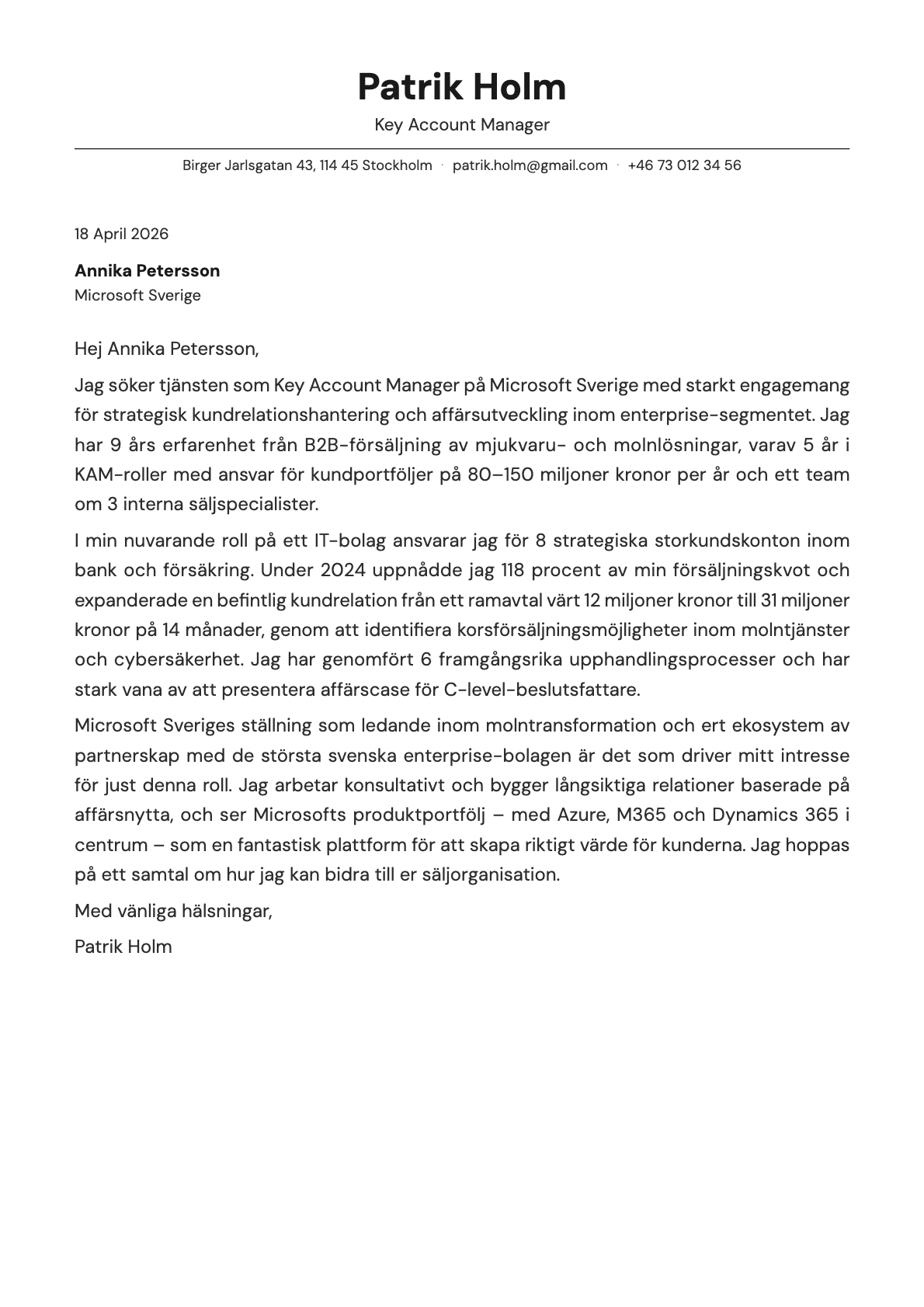 Key Account Manager cover letter example
