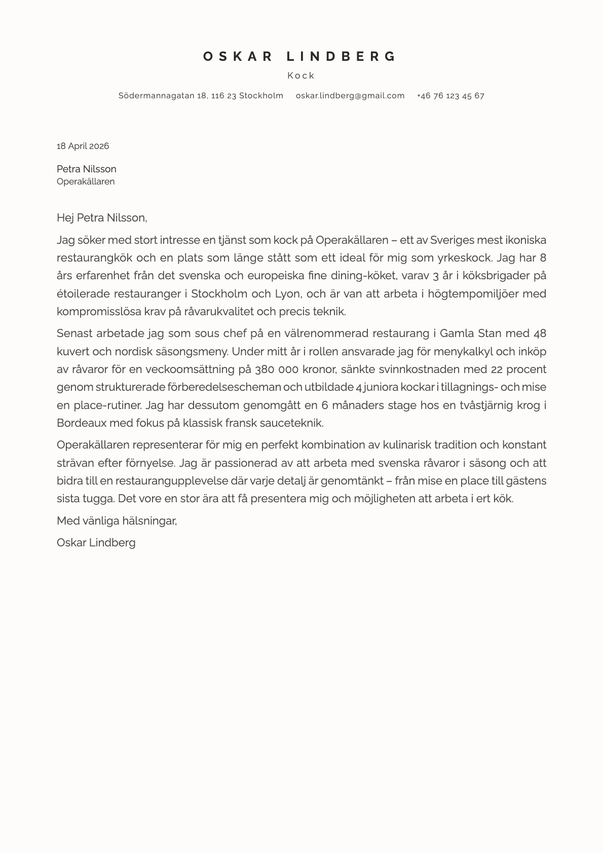 Kock cover letter example