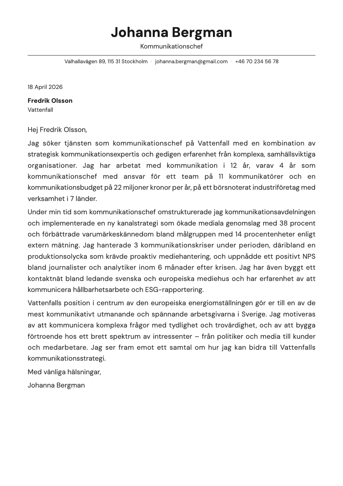 Kommunikationschef cover letter example