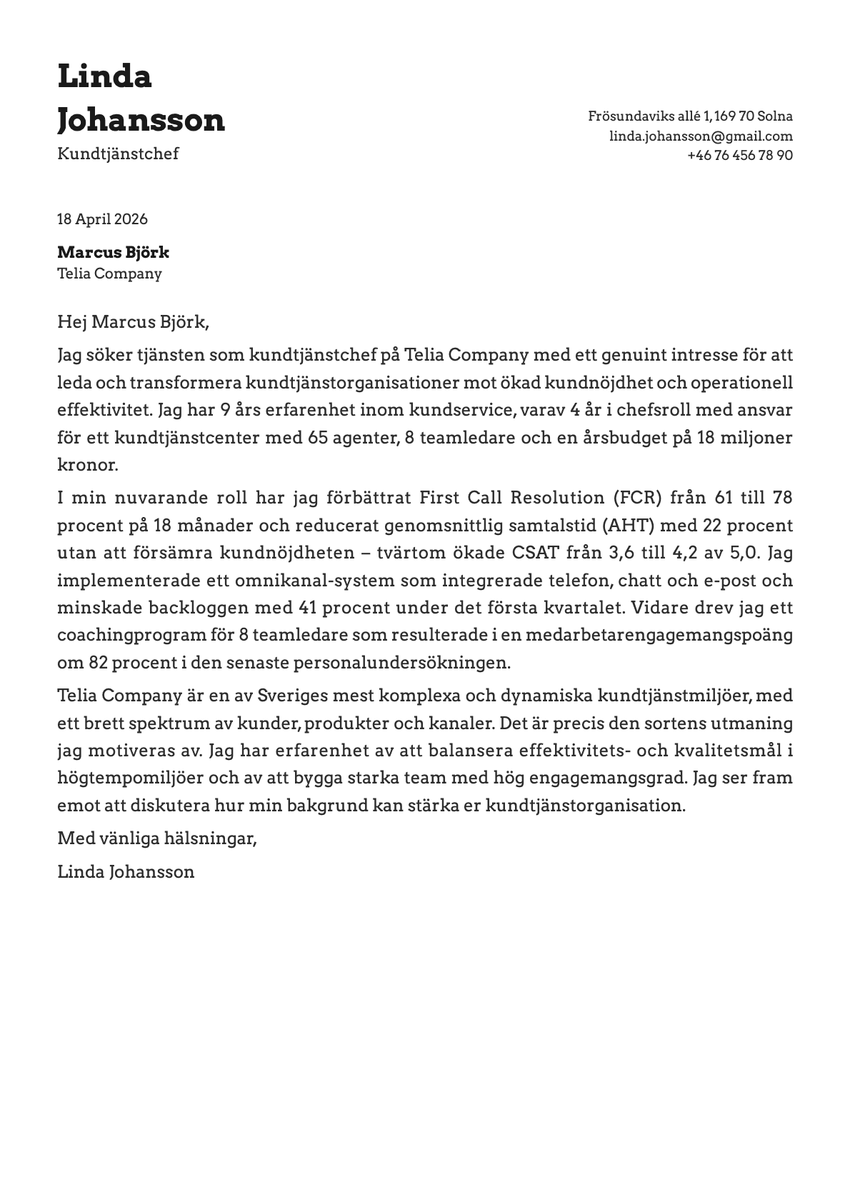 Kundtjänstchef cover letter example