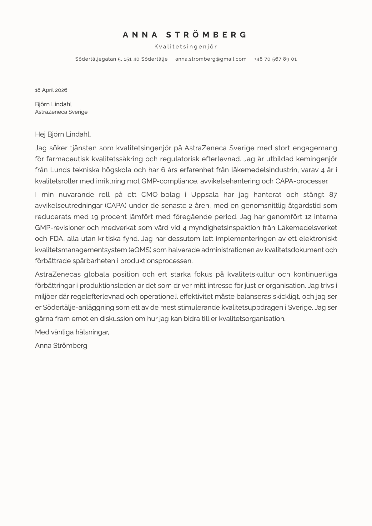 Kvalitetsingenjör cover letter example