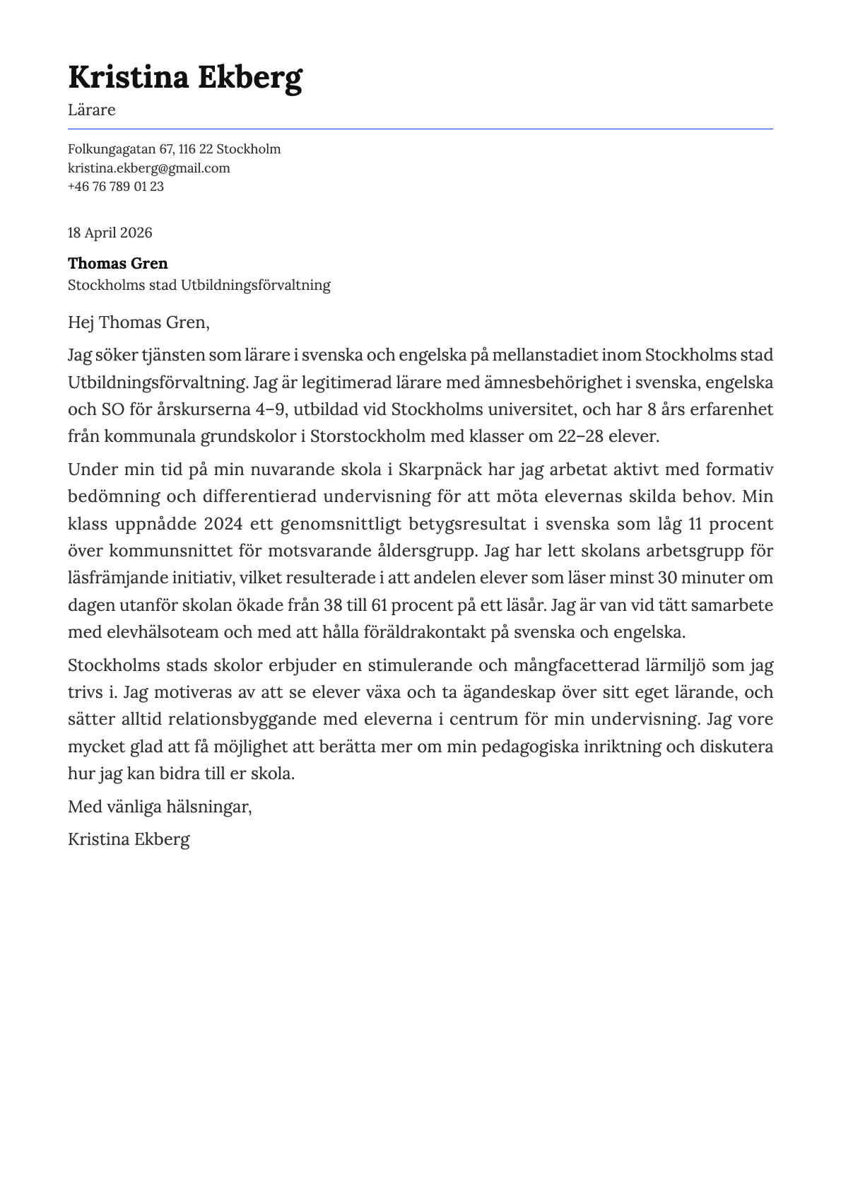 Lärare cover letter example