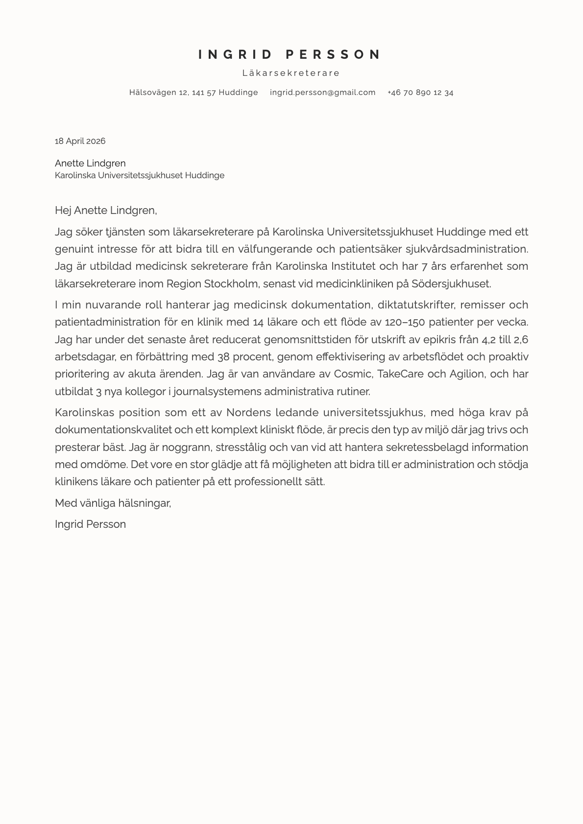 Läkarsekreterare cover letter example