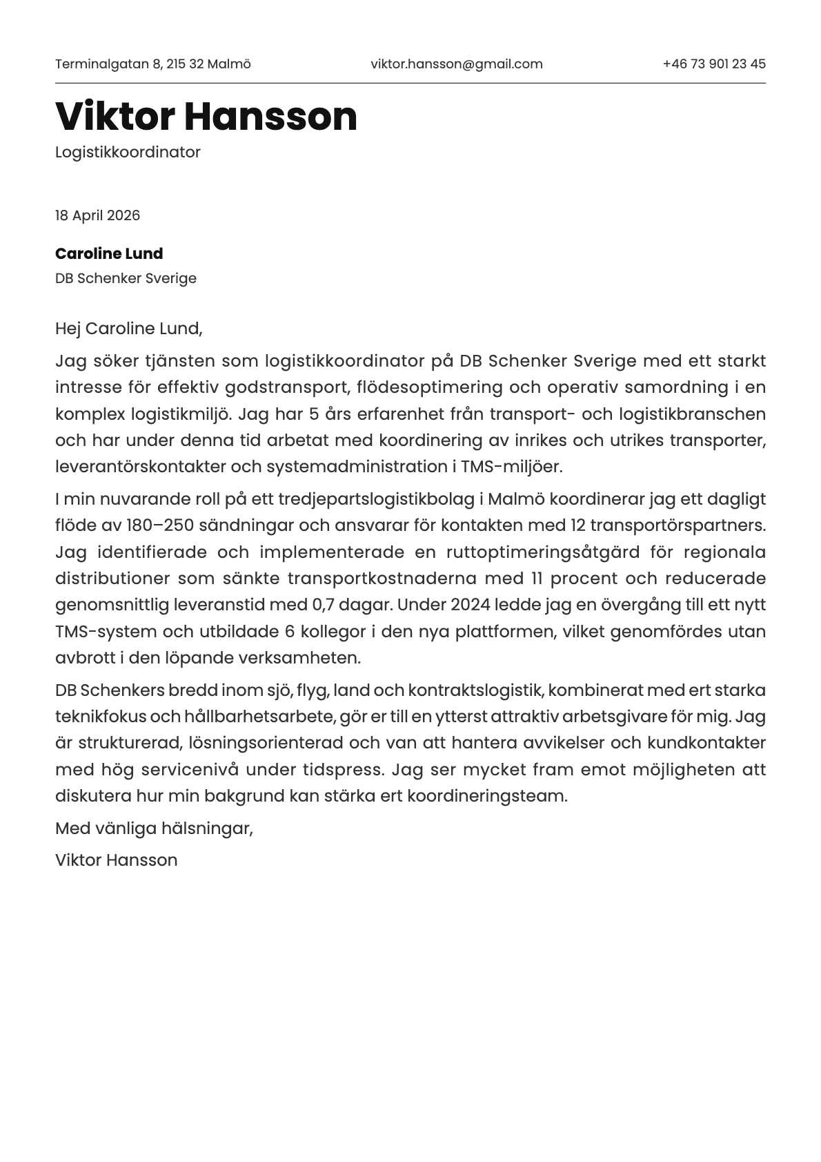 Logistikkoordinator cover letter example