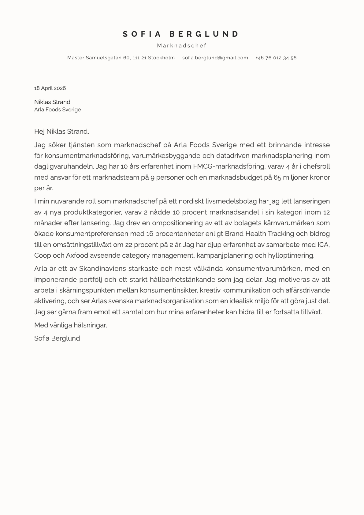 Marknadschef cover letter example
