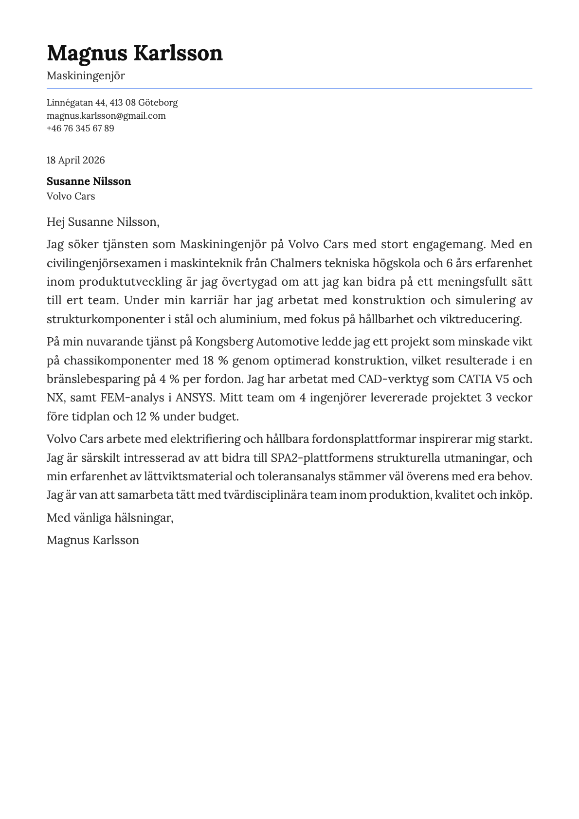 Maskiningenjör cover letter example