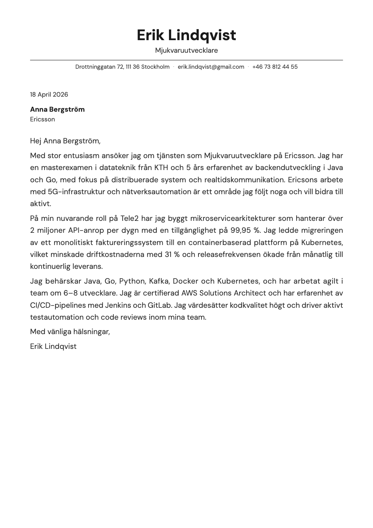 Mjukvaruutvecklare cover letter example