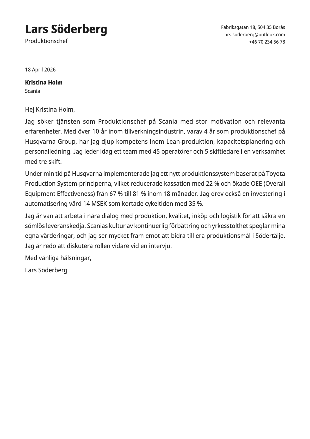 Produktionschef cover letter example
