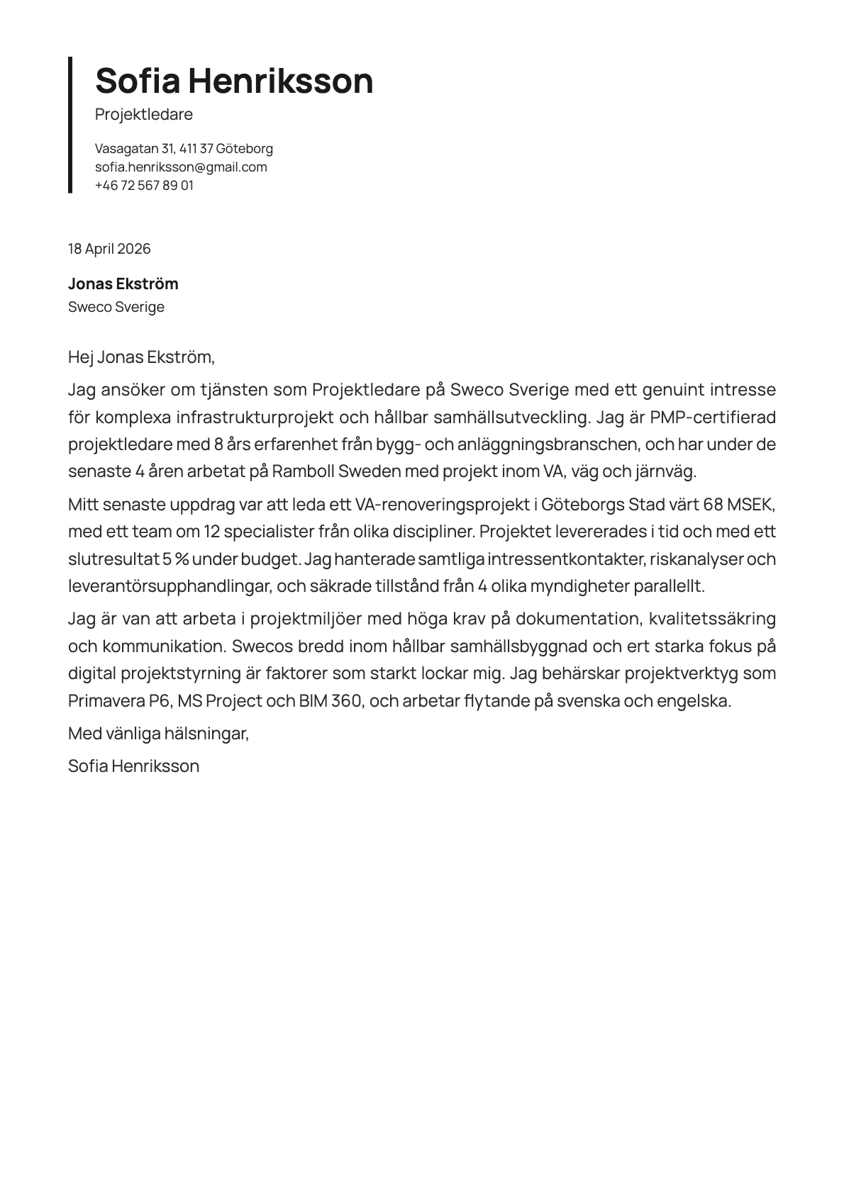 Projektledare cover letter example