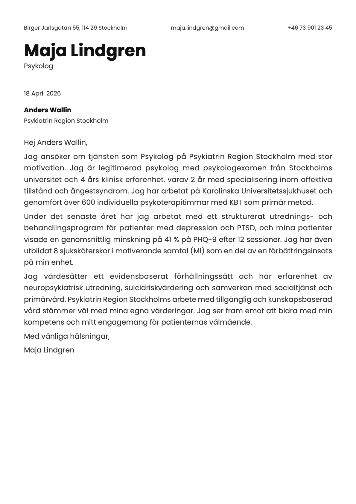 Psykolog cover letter example