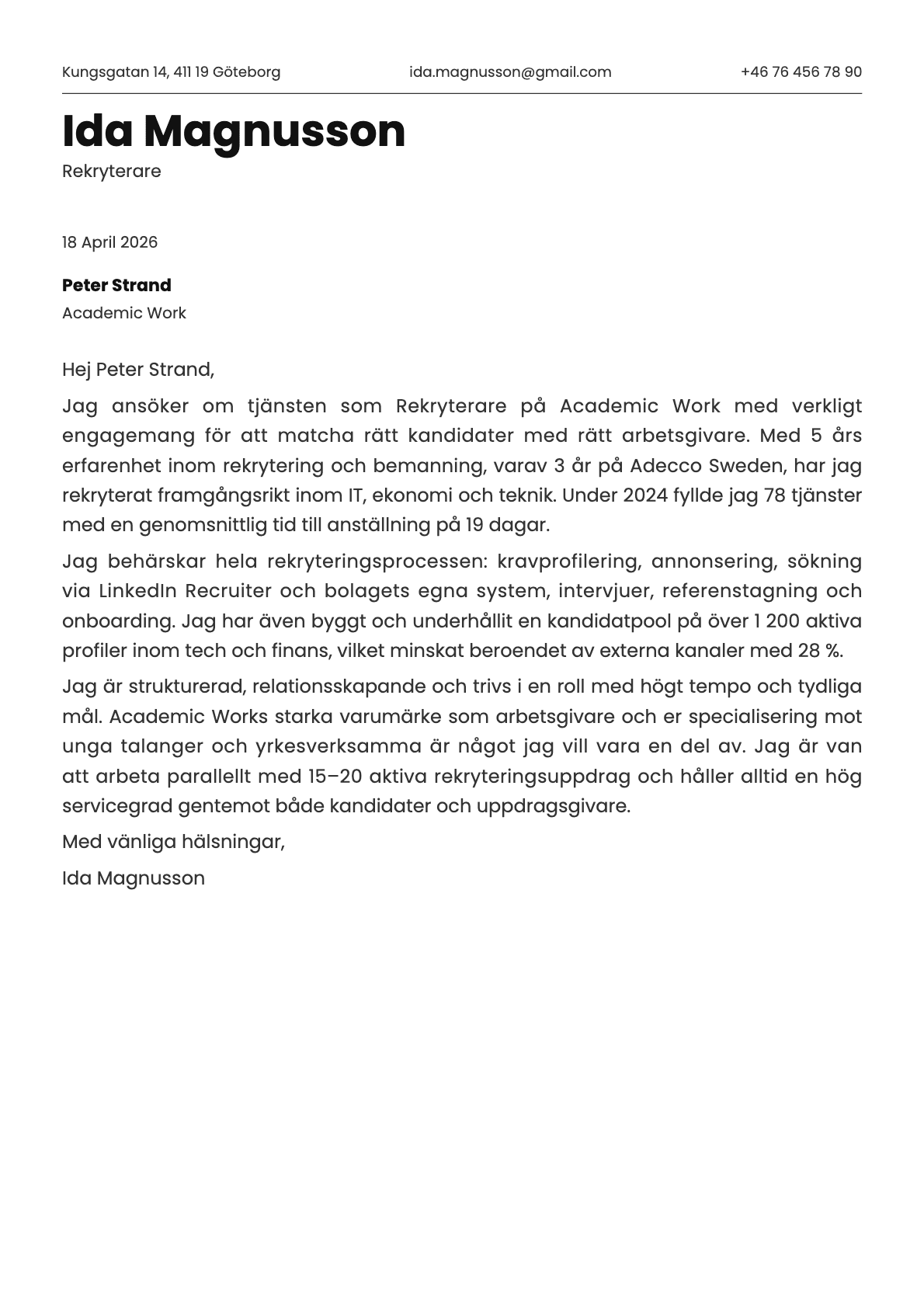 Rekryterare cover letter example