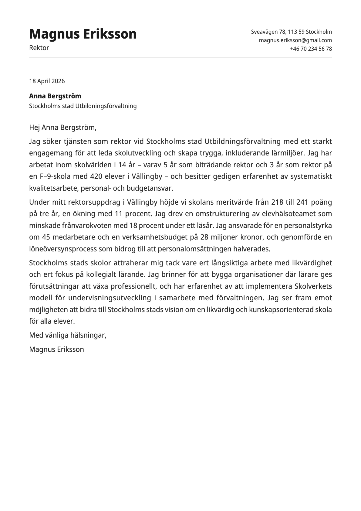 Rektor cover letter example