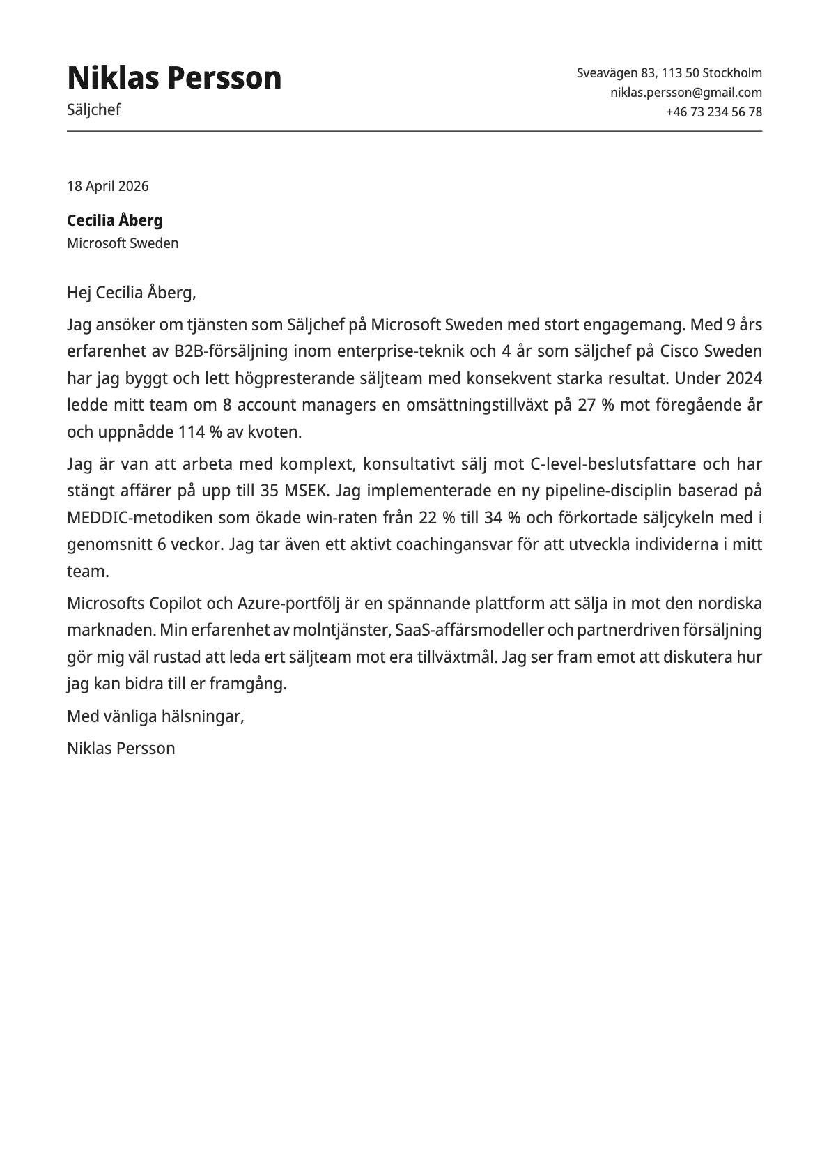 Säljchef cover letter example