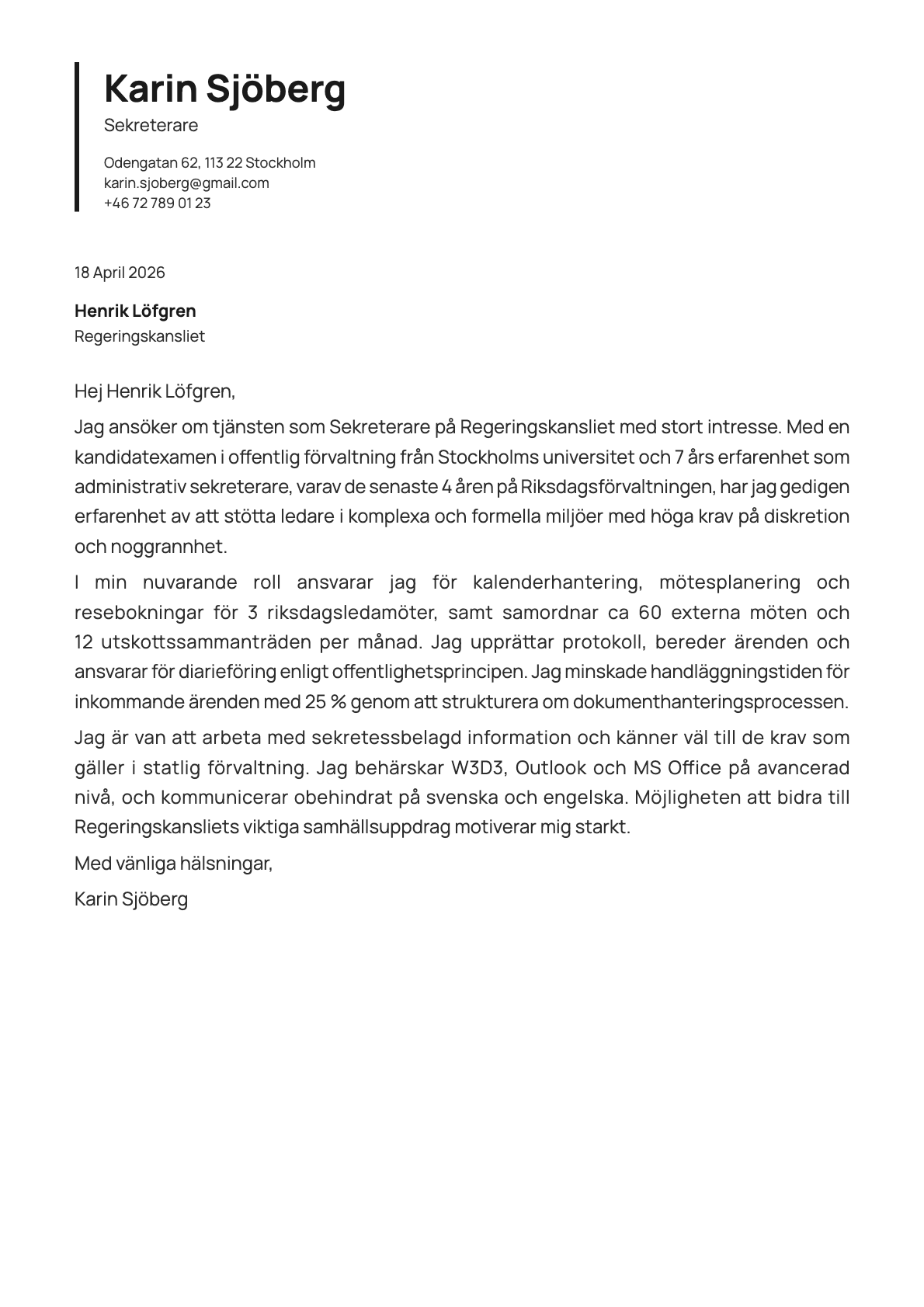 Sekreterare cover letter example