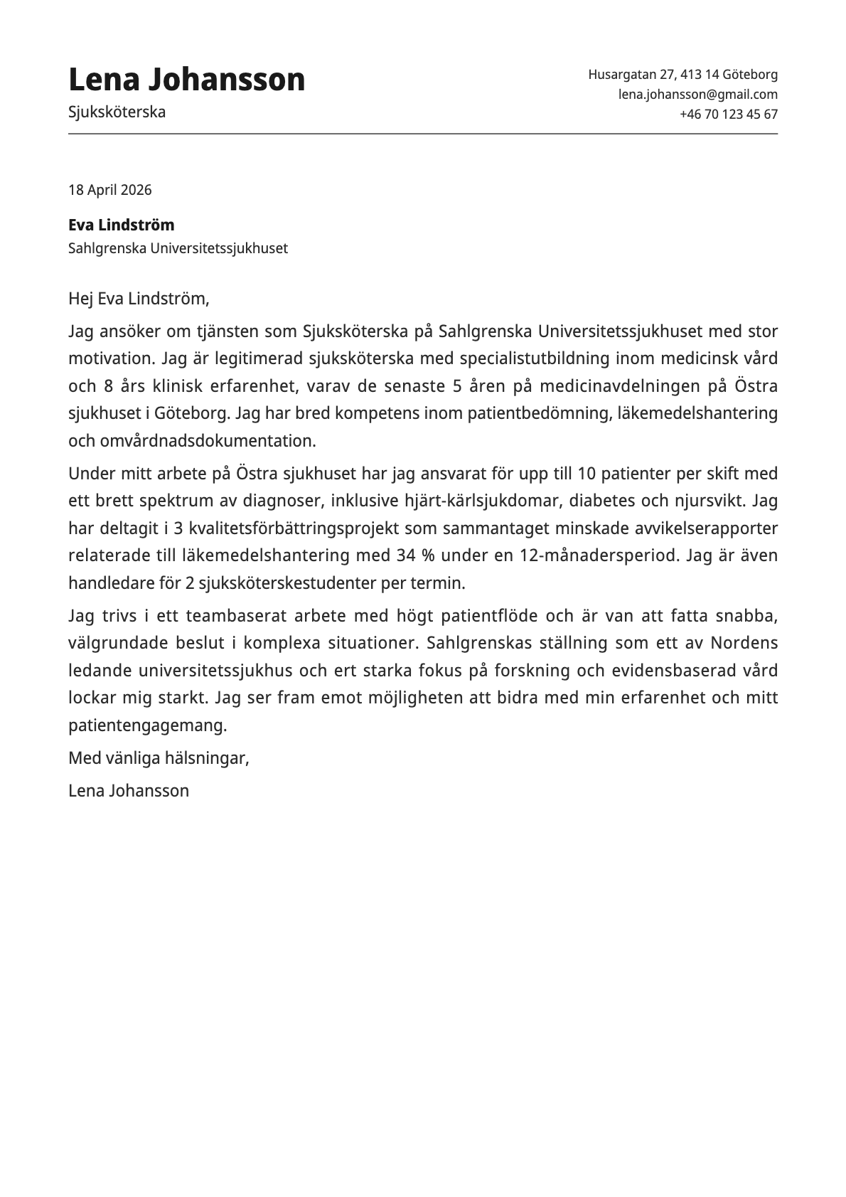 Sjuksköterska cover letter example