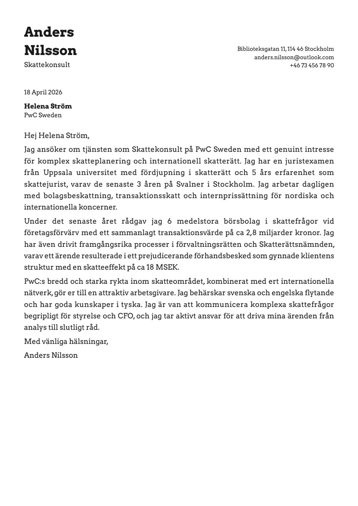Skattekonsult cover letter example