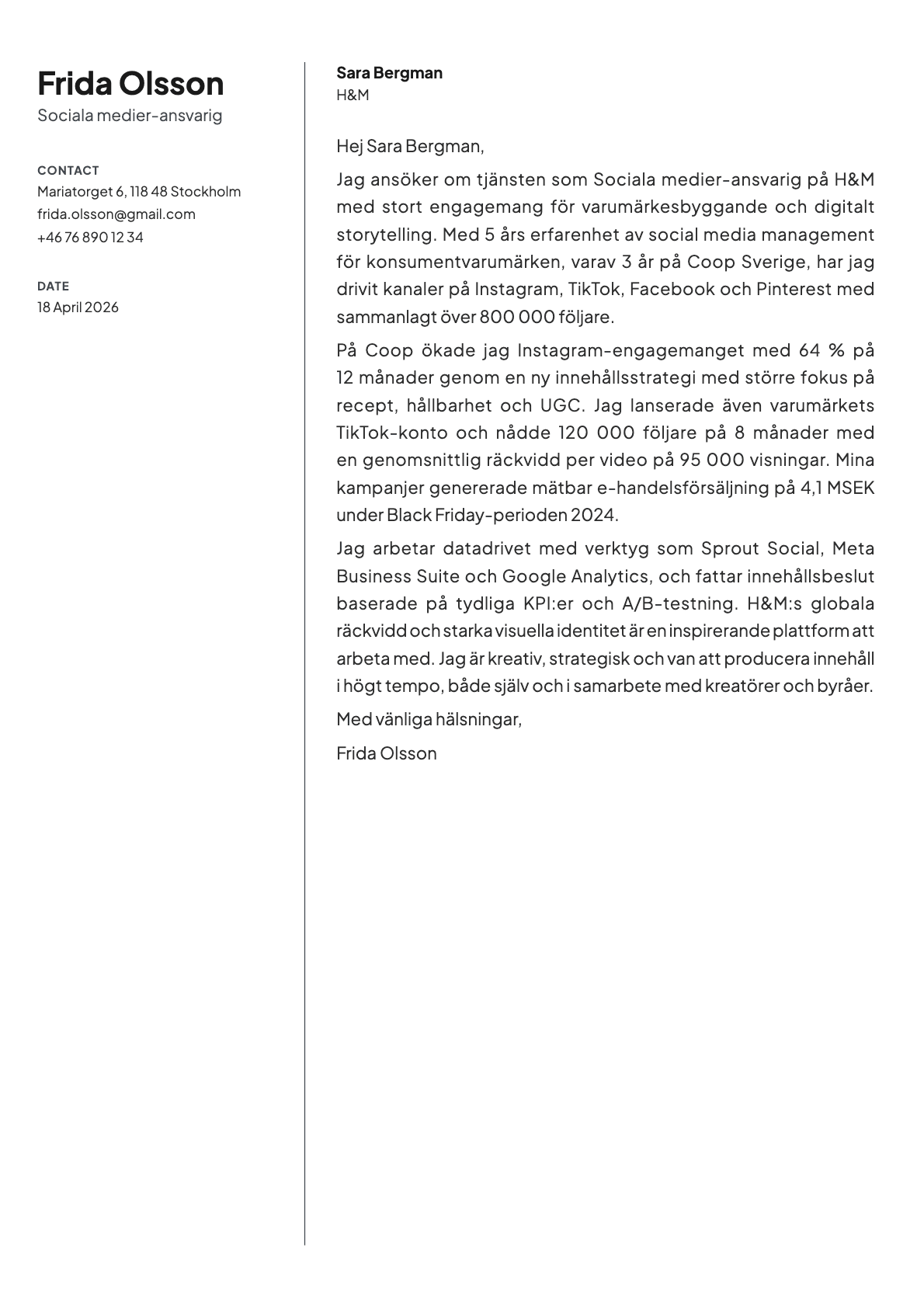 Sociala medier-ansvarig cover letter example