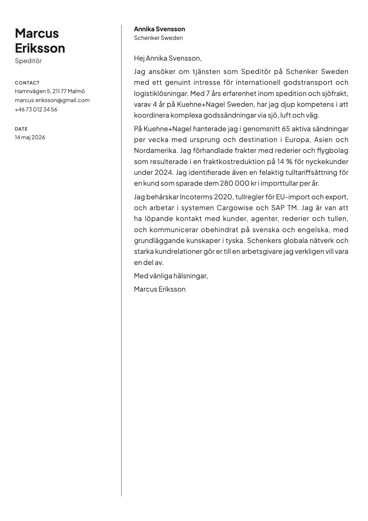 Speditör cover letter example