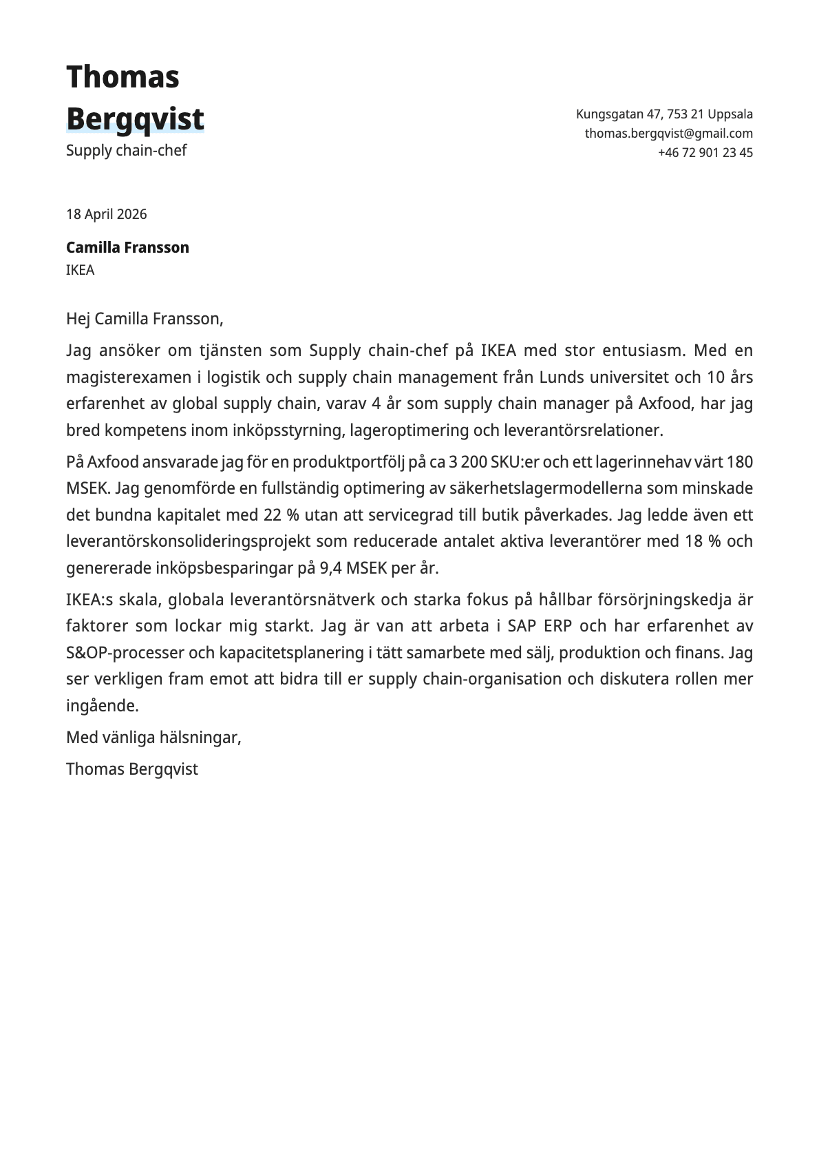 Supply chain chef cover letter example