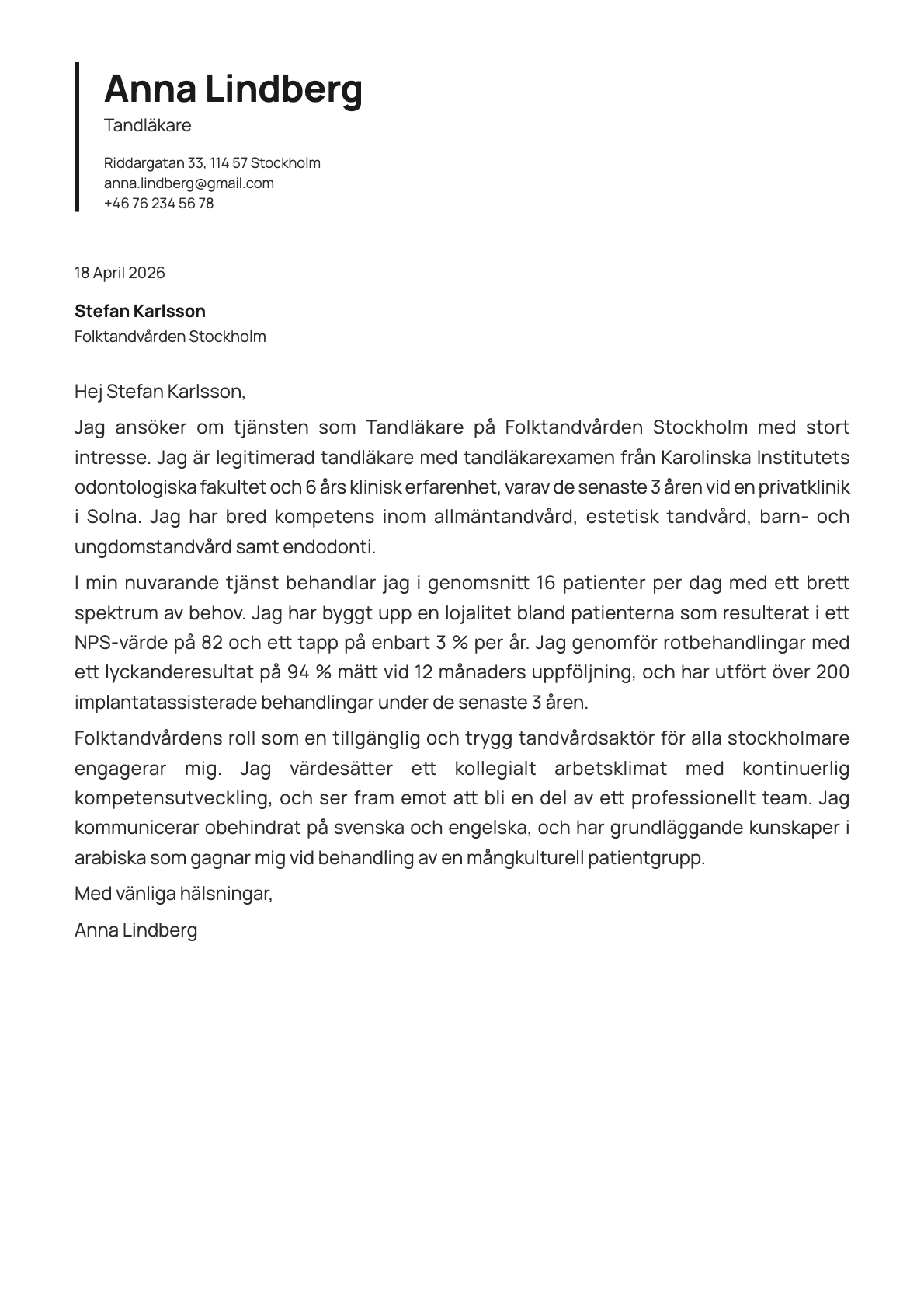 Tandläkare cover letter example