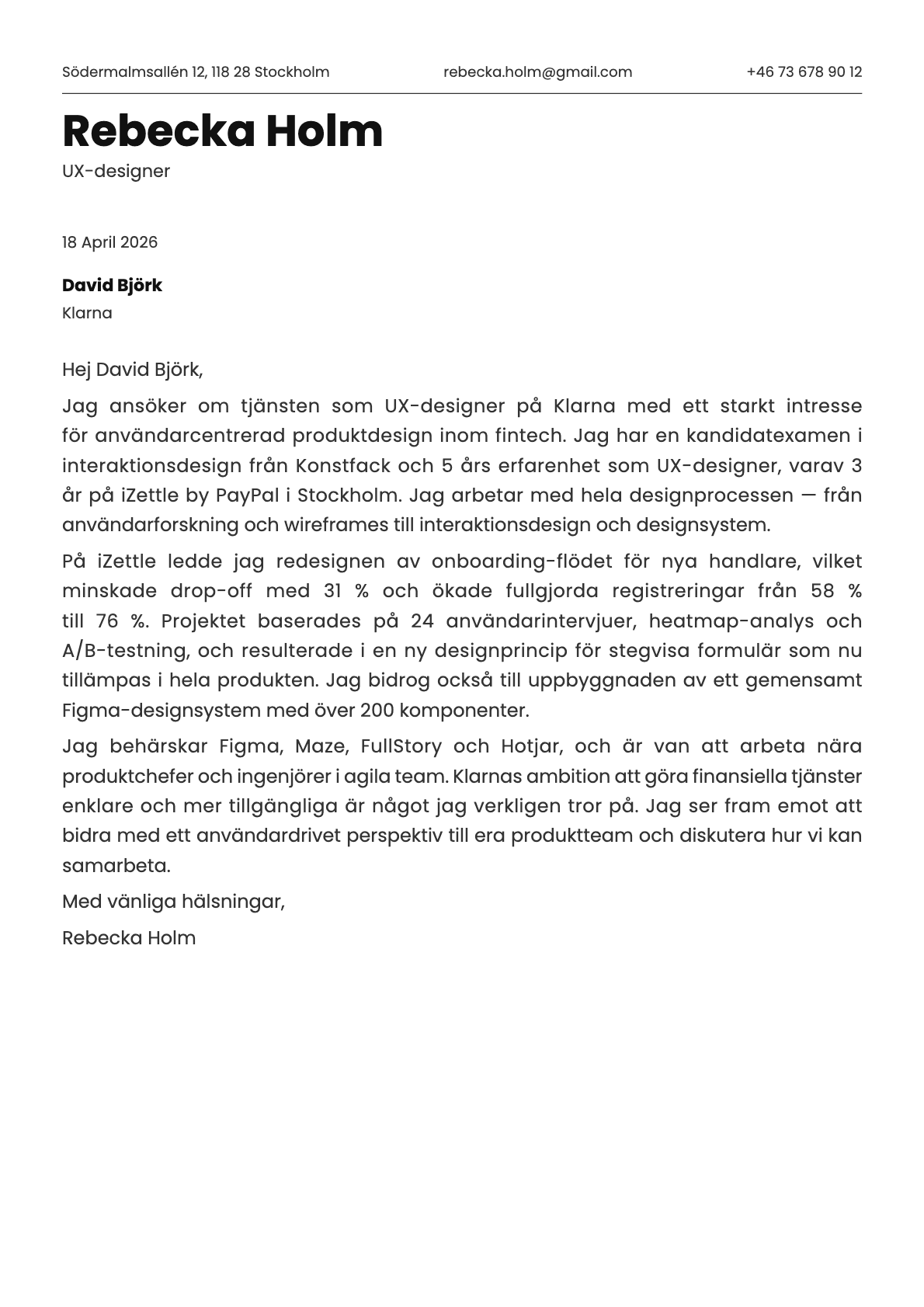 UX-designer cover letter example