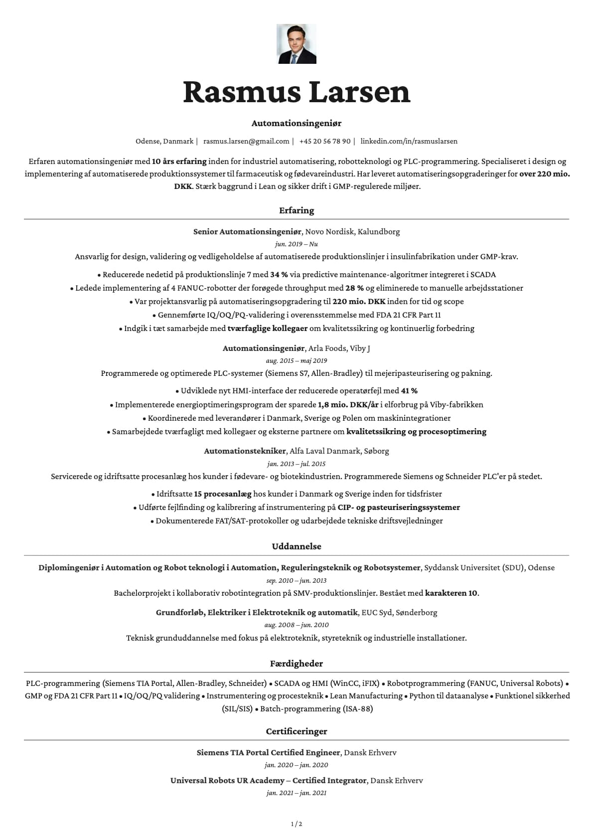 Automationsingeniør resume example