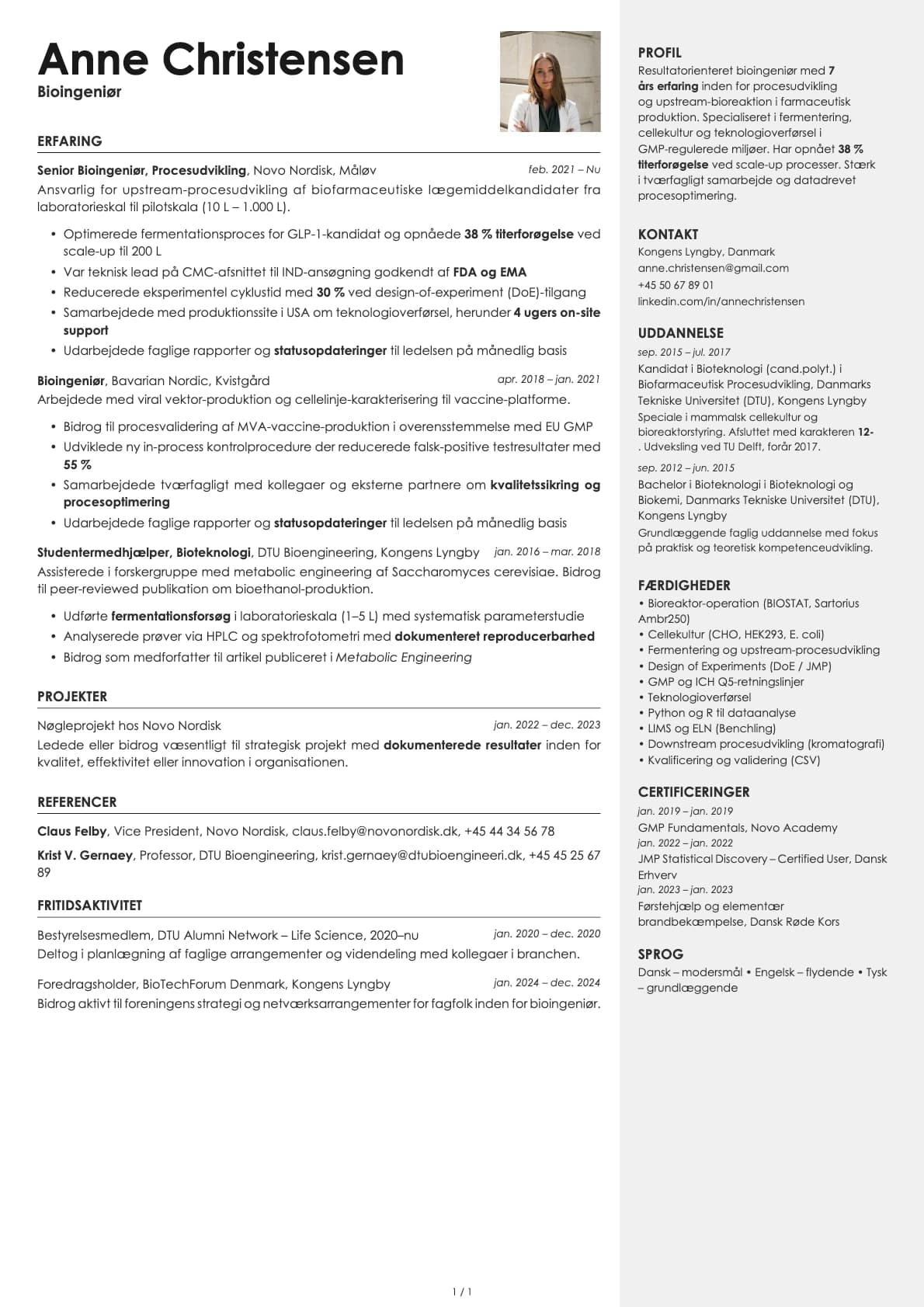 Bioingeniør resume example