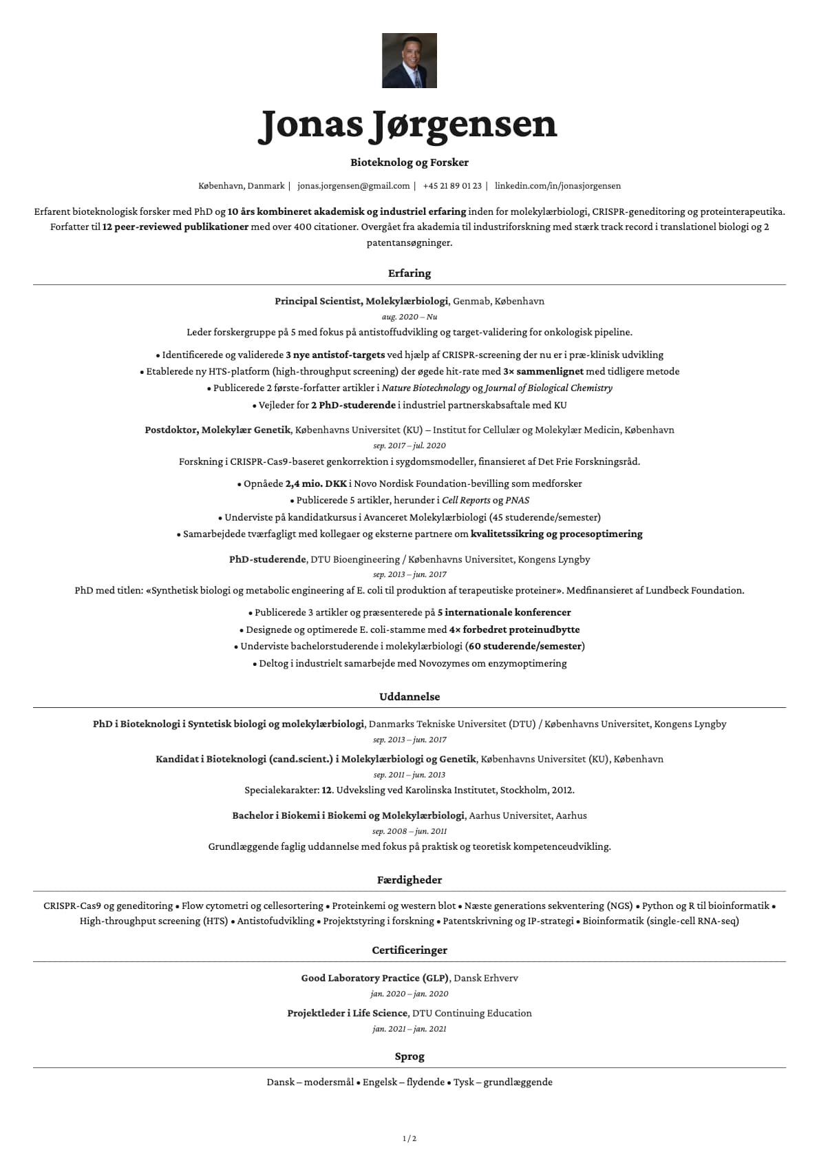 Bioteknolog og Forsker resume example