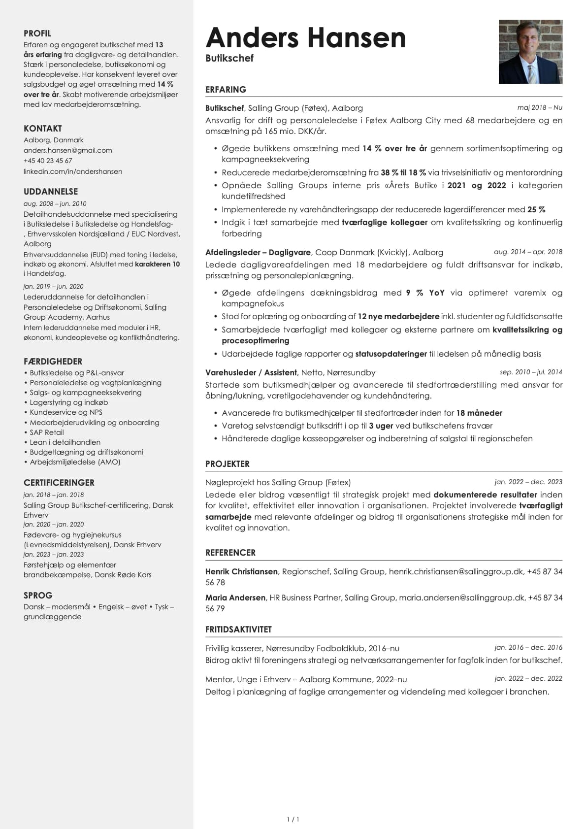 Butikschef resume example