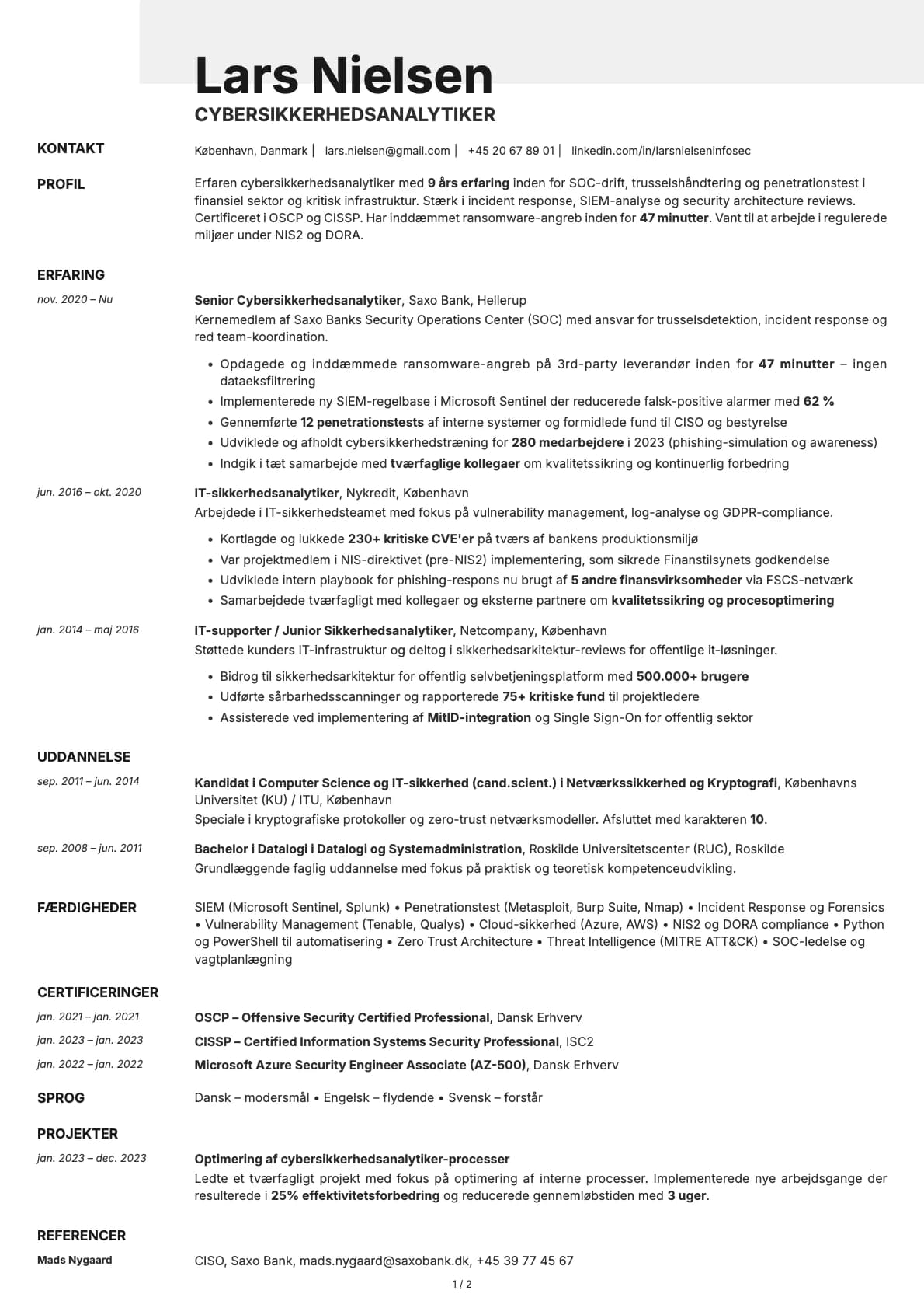 Cybersikkerhedsanalytiker resume example