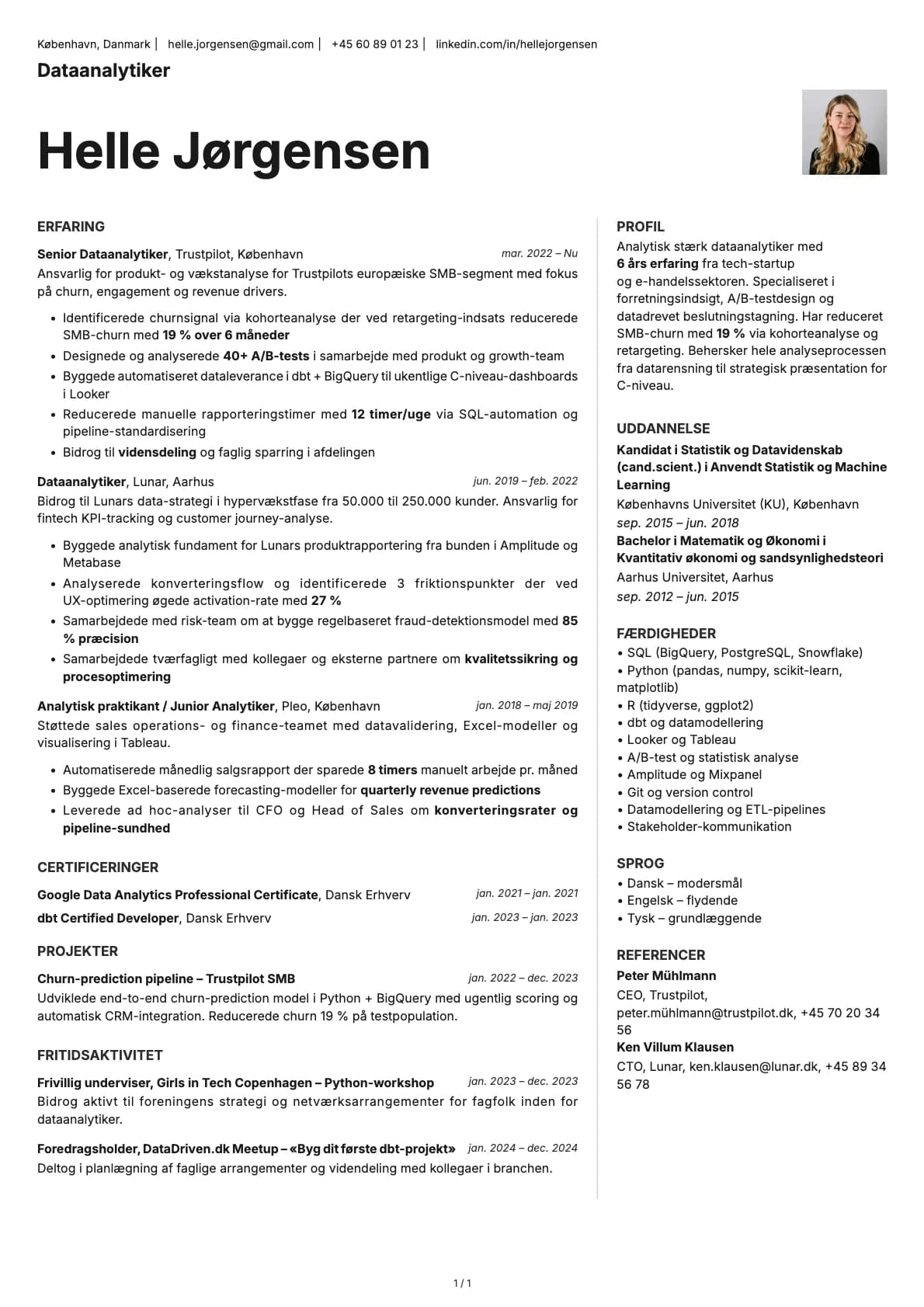 Dataanalytiker resume example