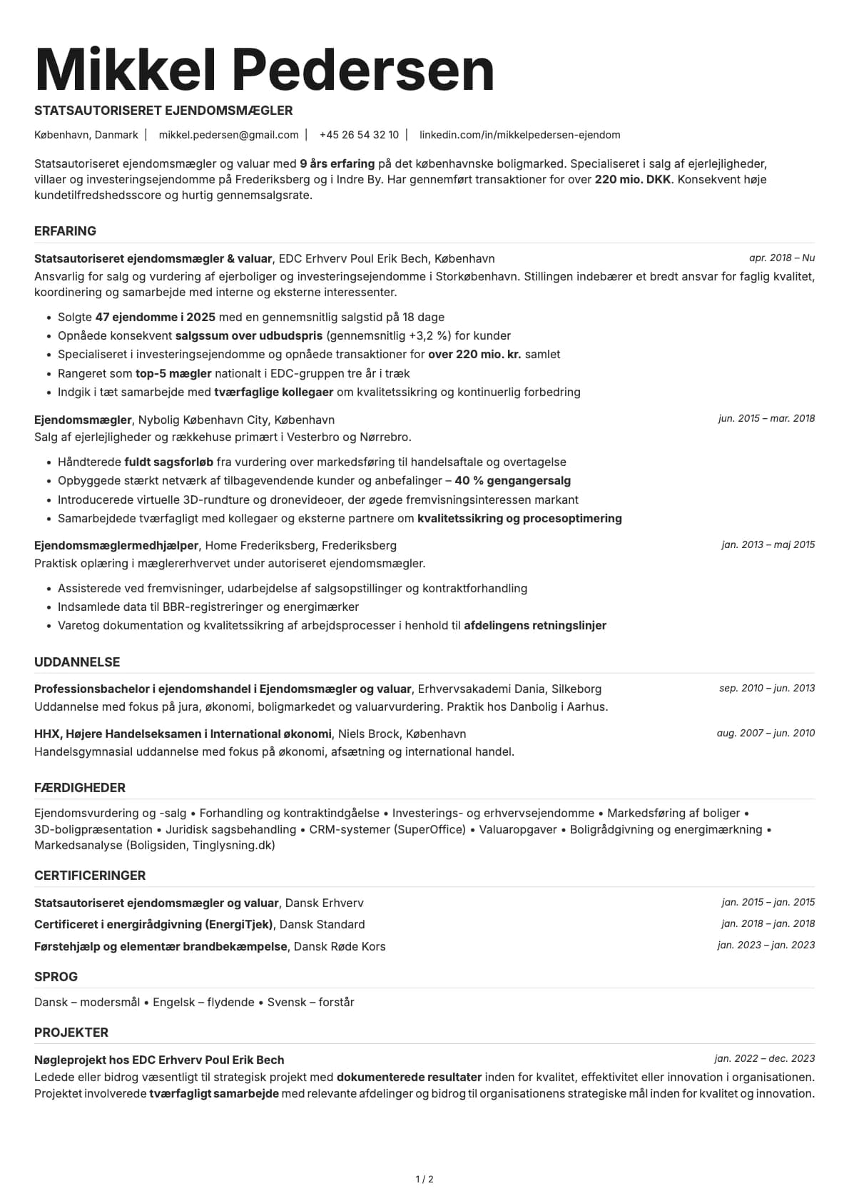 Ejendomsmægler resume example