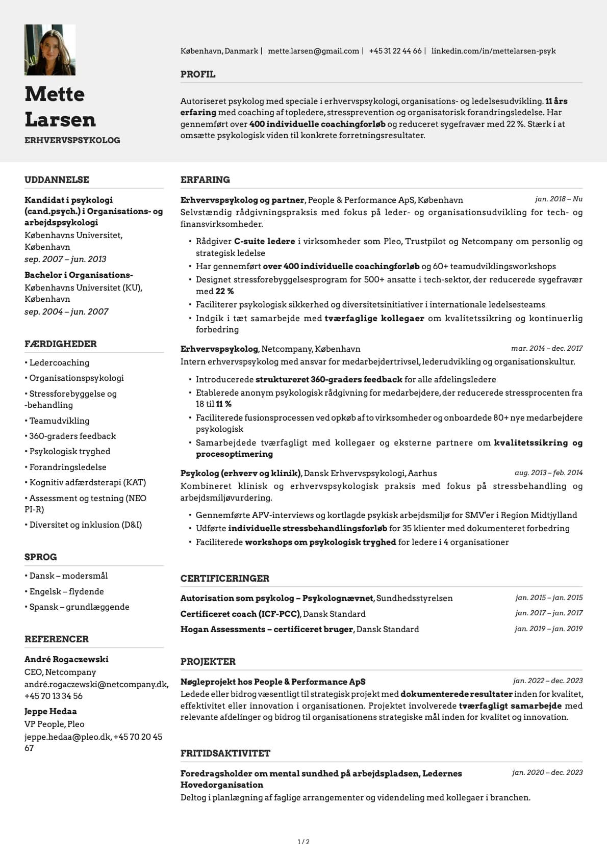 Erhvervspsykolog resume example