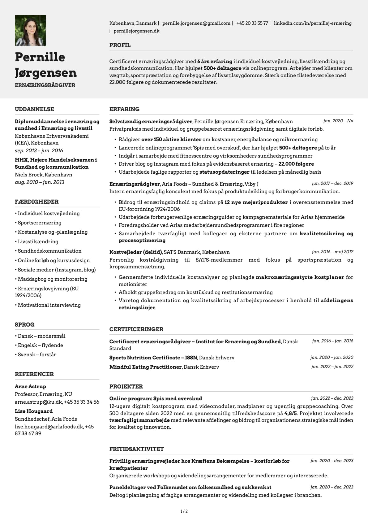 Ernæringsrådgiver resume example