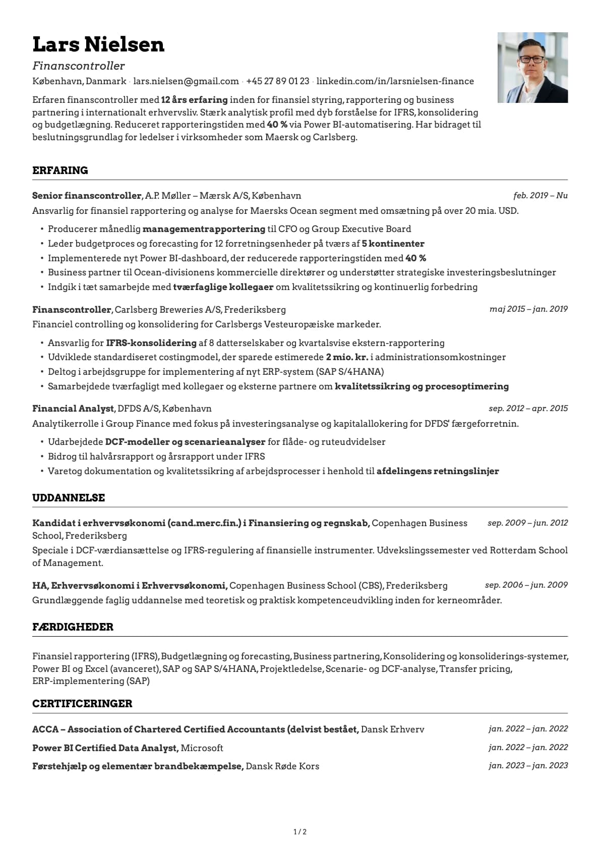 Finanscontroller resume example
