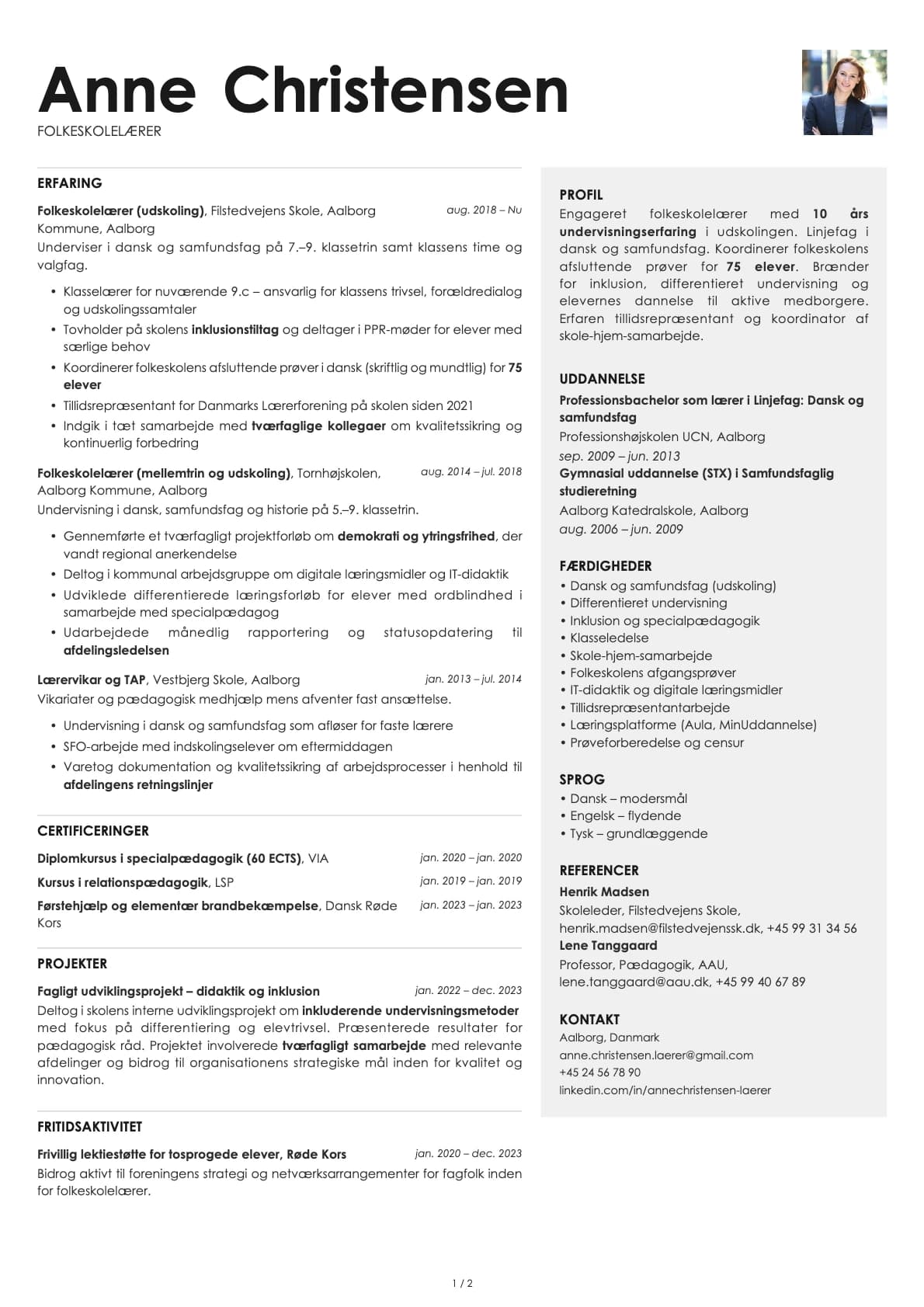 Folkeskolelærer resume example