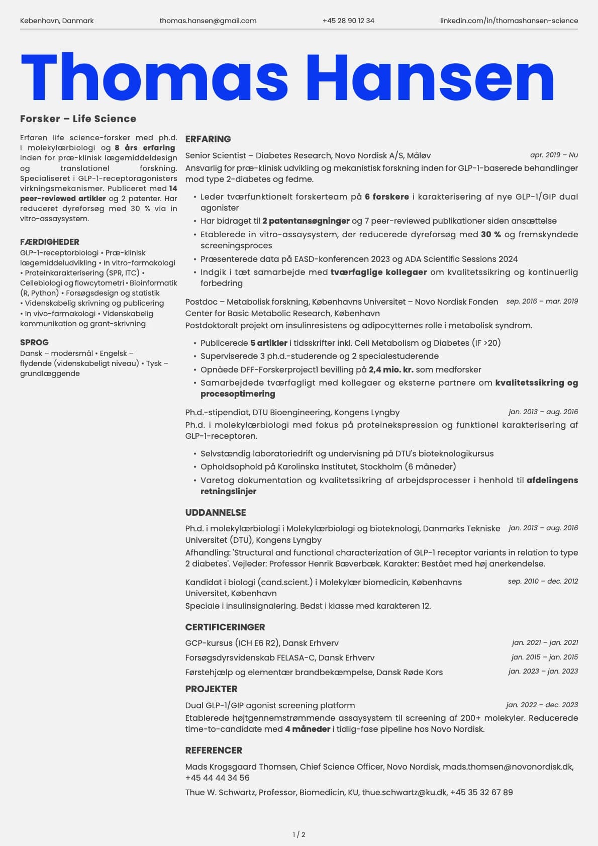 Forsker (Life Science) resume example