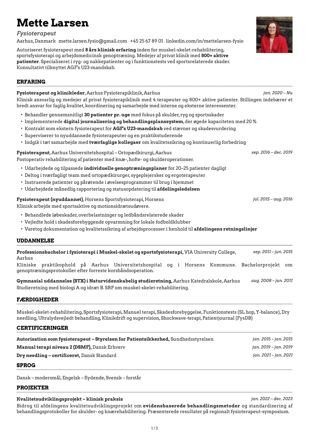Fysioterapeut resume example