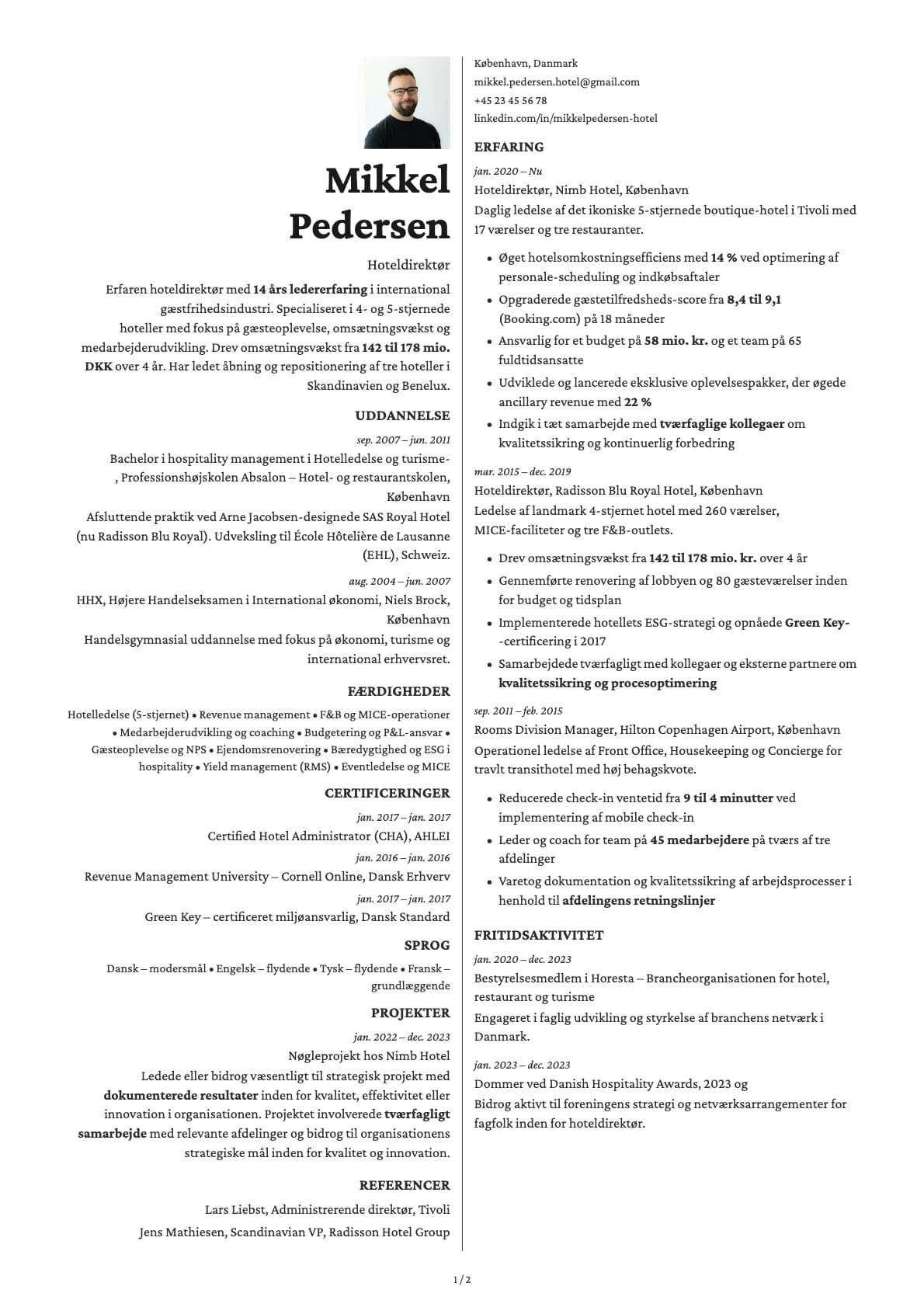 Hoteldirektør resume example