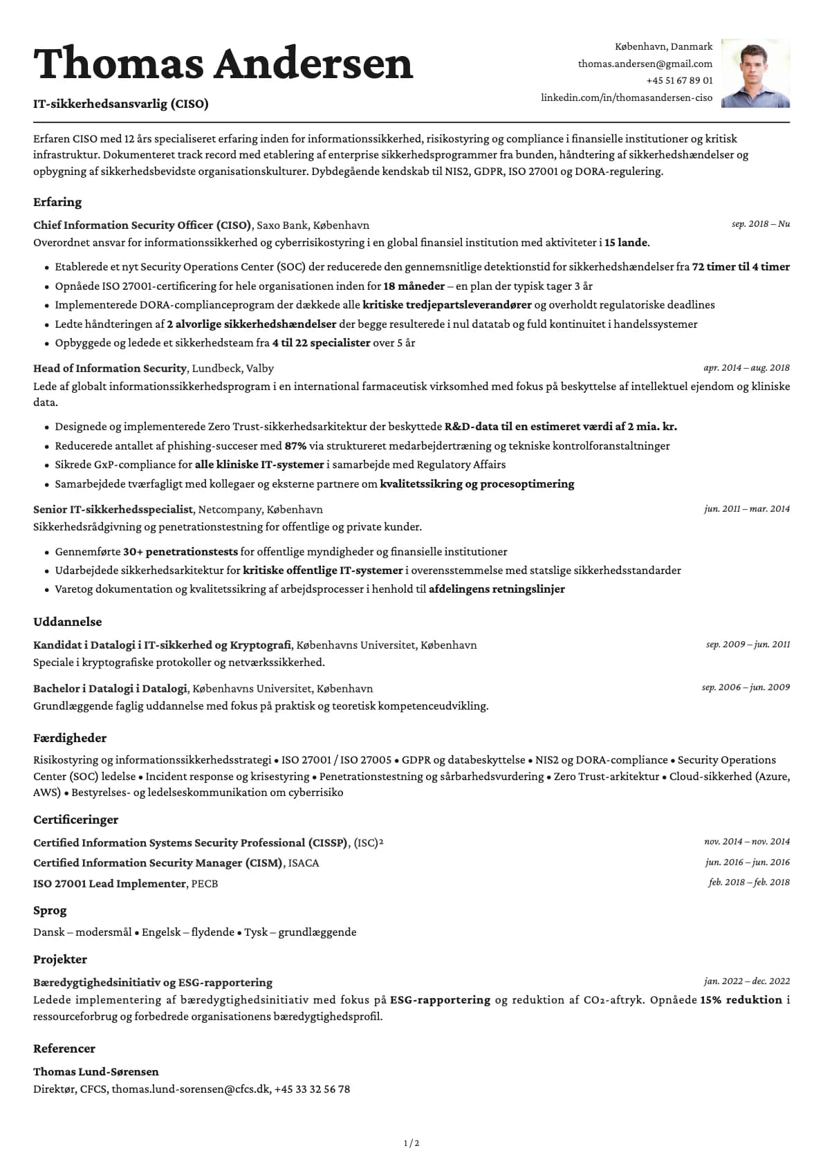 IT-sikkerhedsansvarlig (CISO) resume example