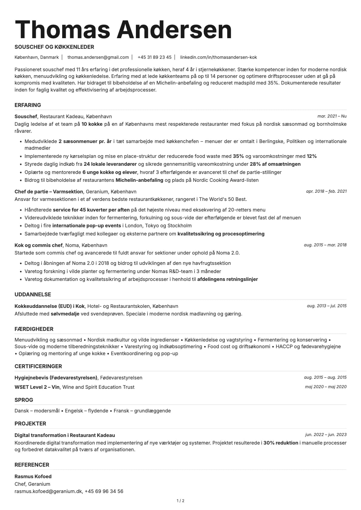 Souschef og køkkenleder resume example