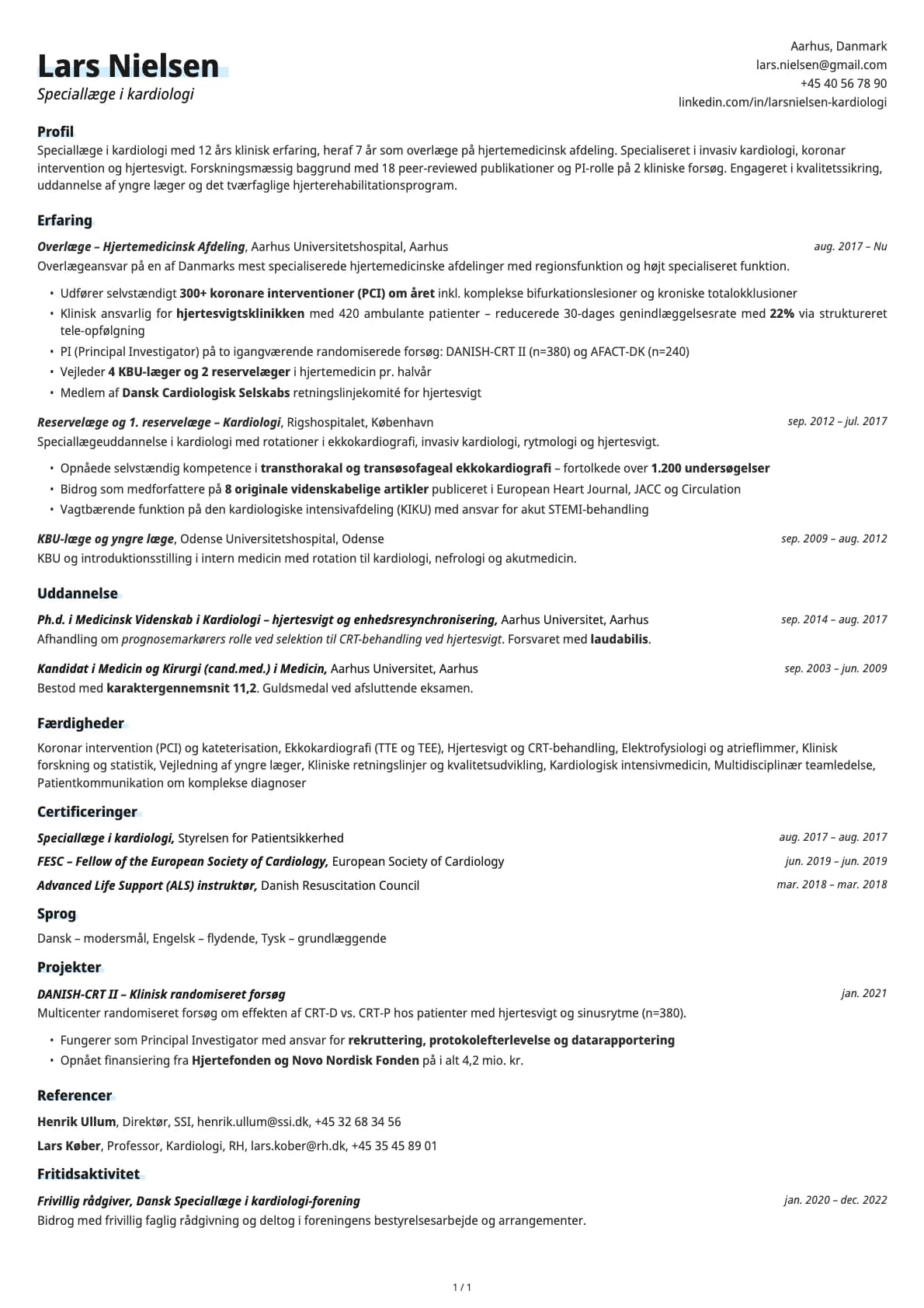 Speciallæge i kardiologi resume example
