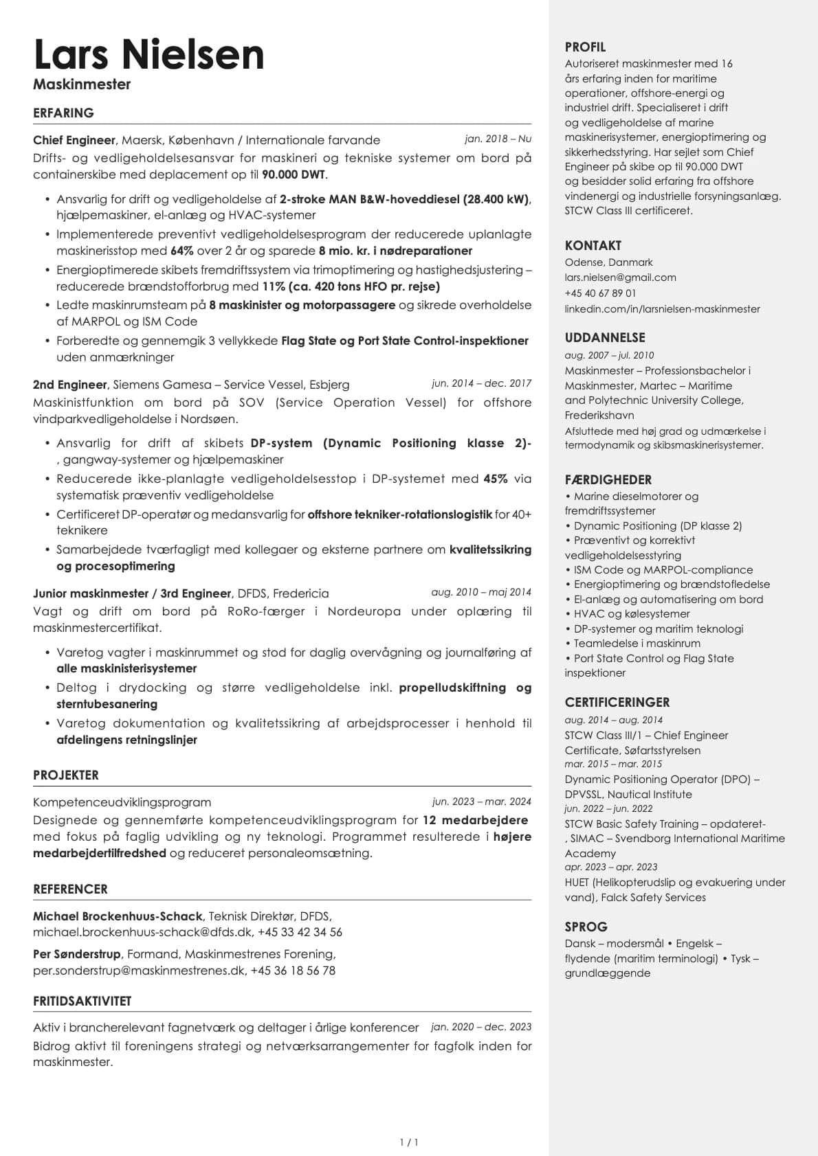 Maskinmester resume example