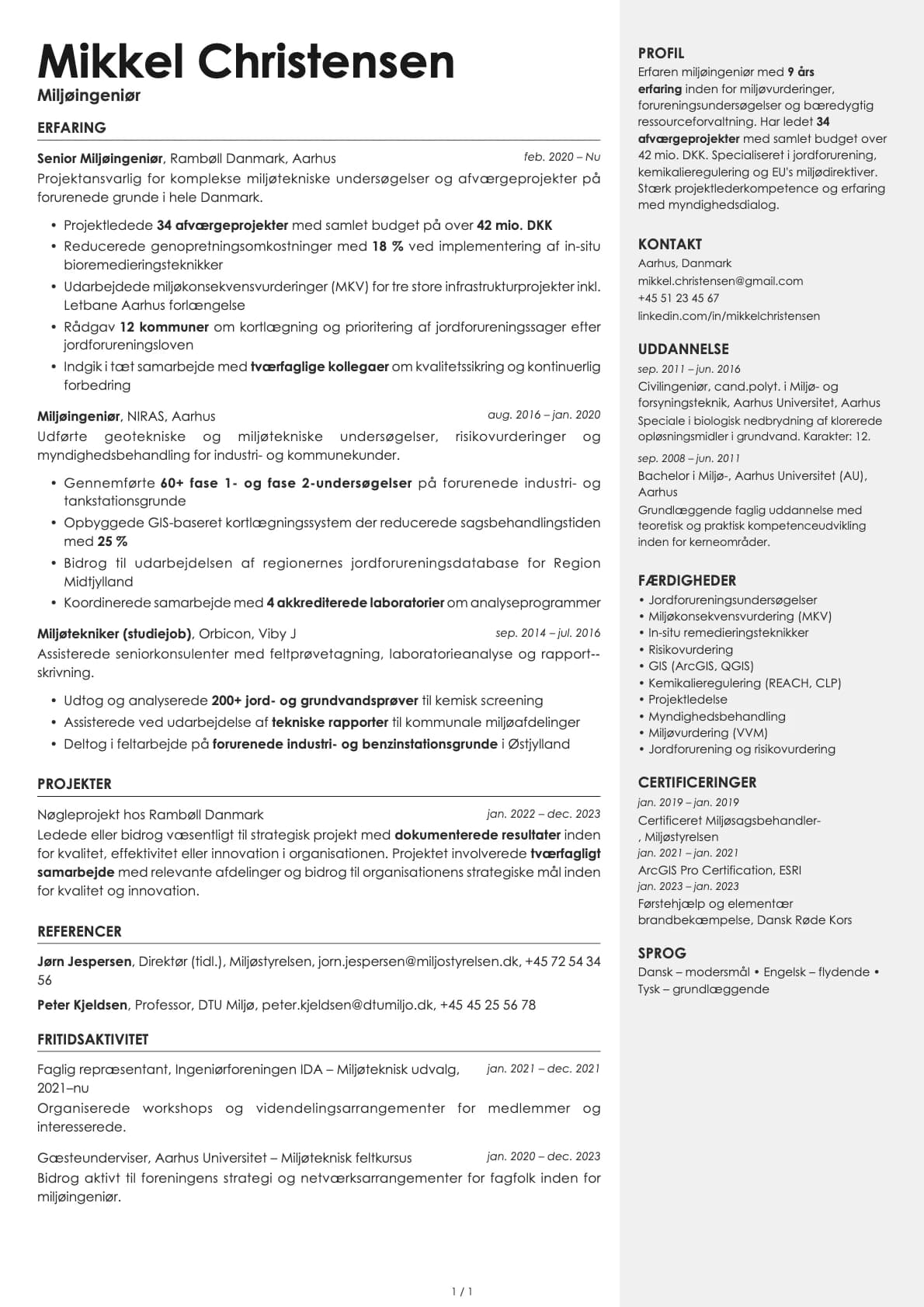 Miljøingeniør resume example