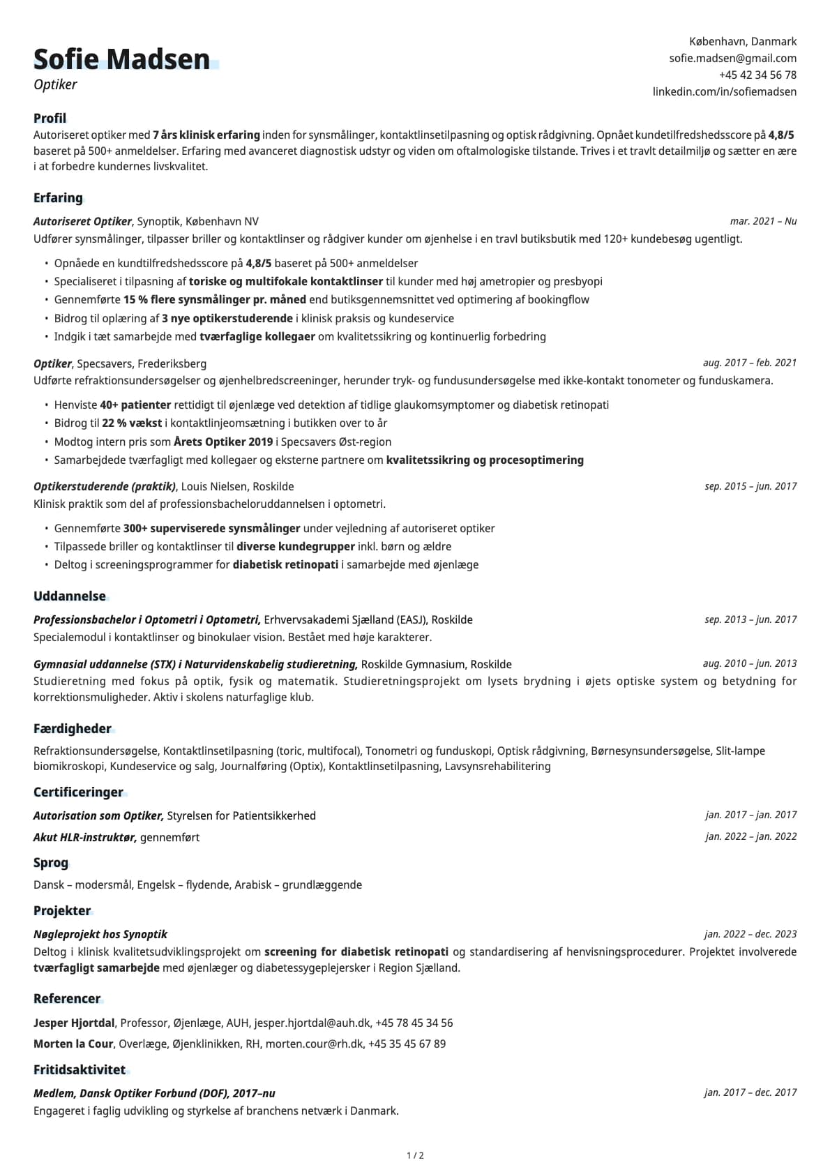 Optiker resume example