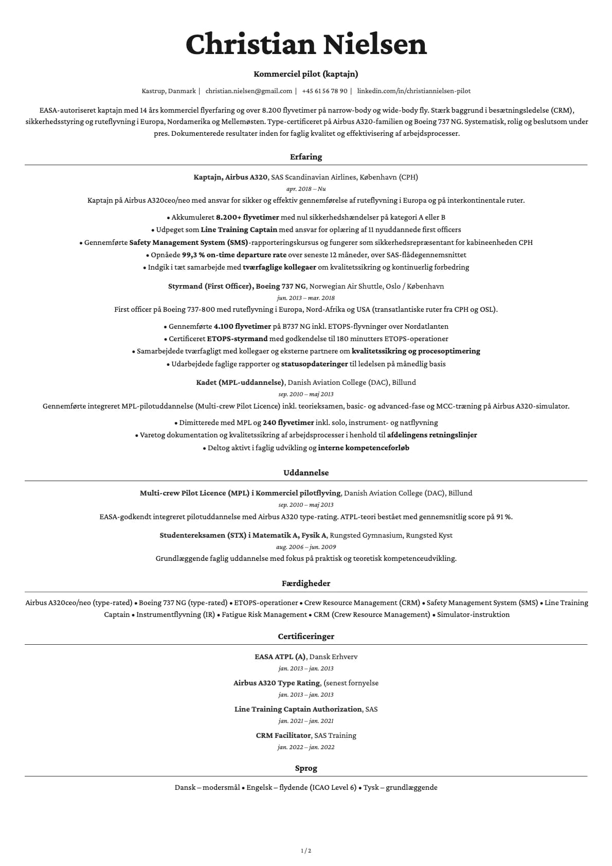 Kommerciel pilot (kaptajn) resume example