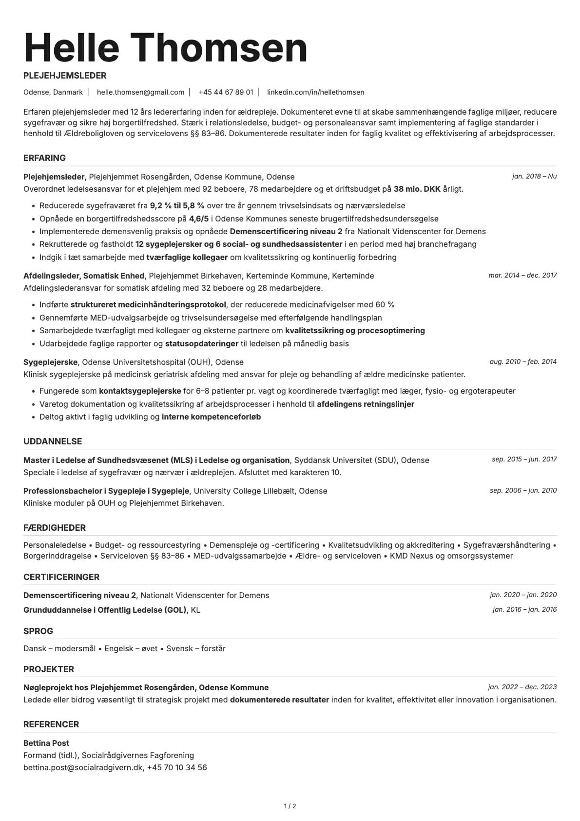 Plejehjemleder resume example